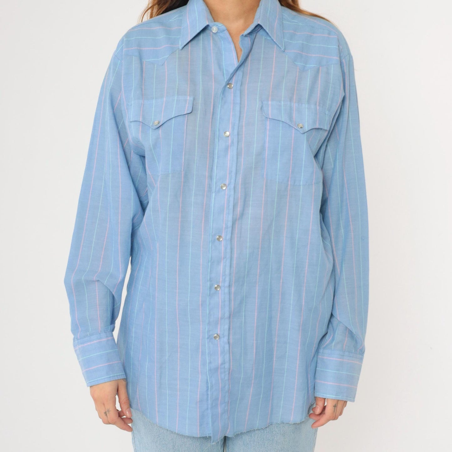 90s Panhandle Slim Western Shirt Blue Striped Pearl Snap Cowboy Large