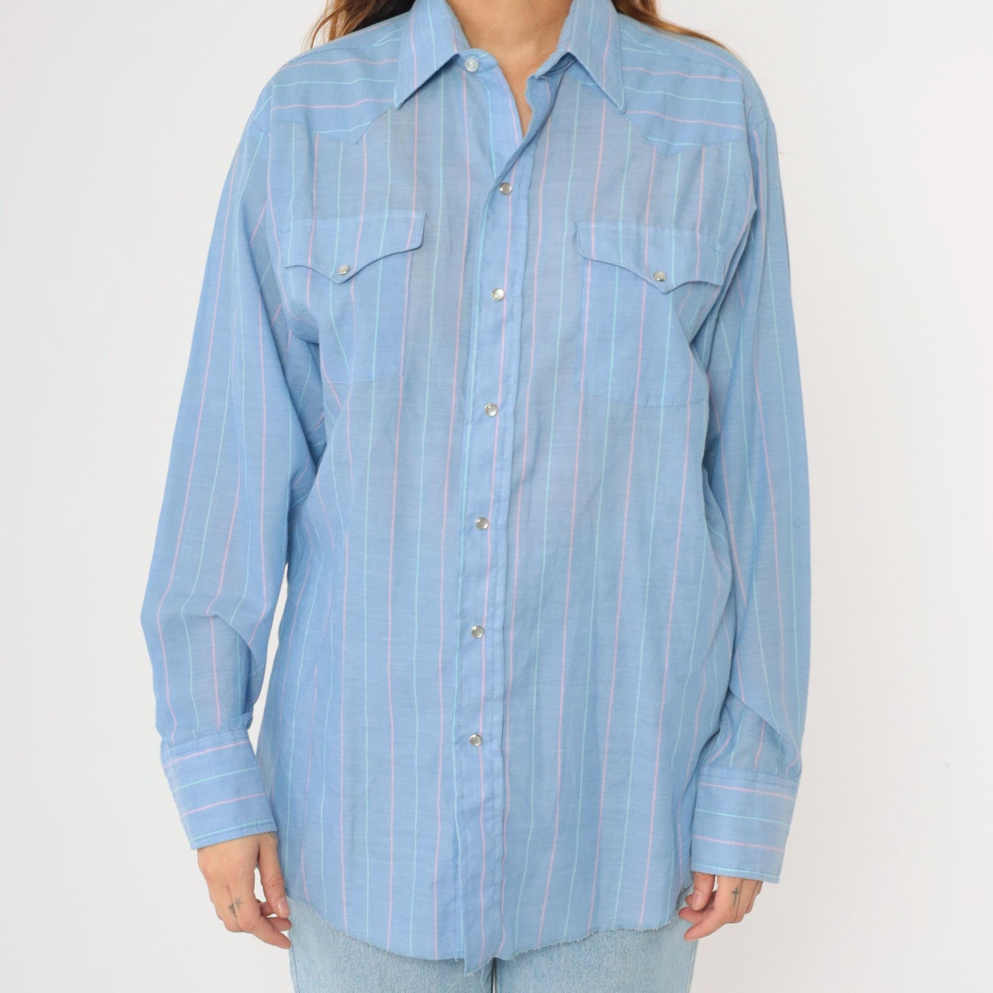 90s Panhandle Slim Western Shirt Blue Striped Pearl Snap Cowboy Large