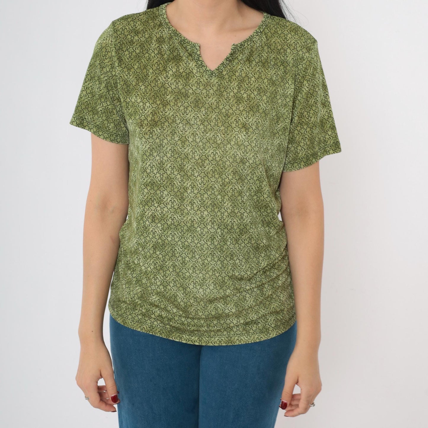 90s Olive Green Geometric Lattice Print Top Split V-Neck Short Sleeve Medium Large