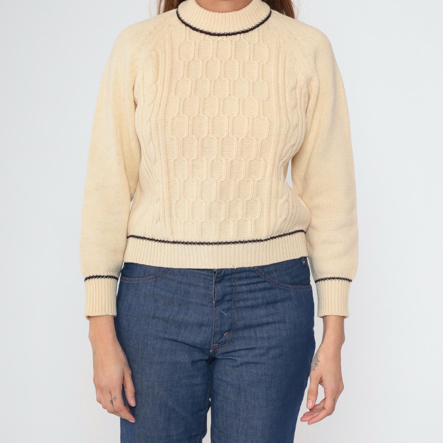 60s Cable Knit Sweater Cream Pullover Raglan Honeycomb Texture Small