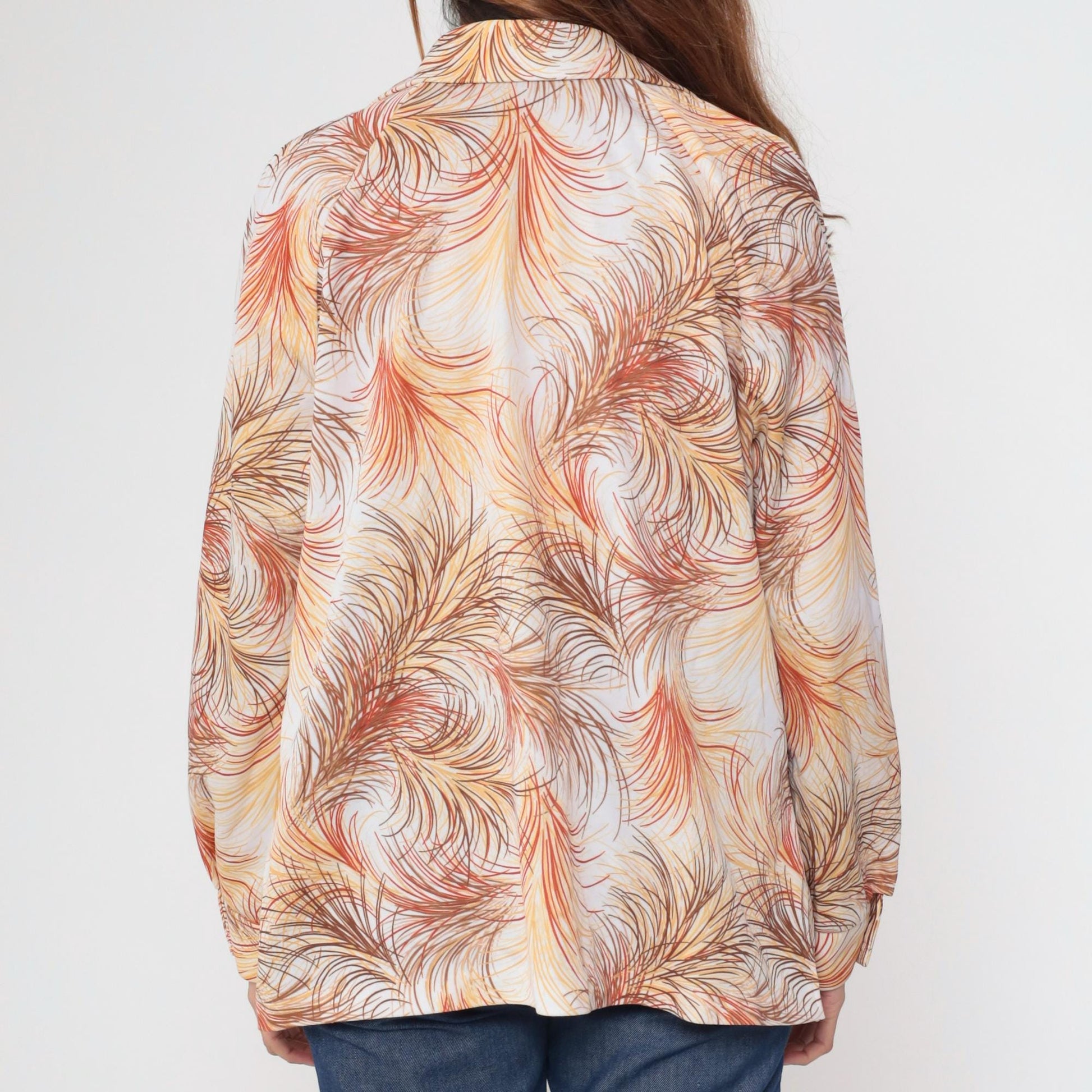 70s Abstract Feather Print Button Up Blouse Dagger Collar Yellow Orange Brown Extra Large