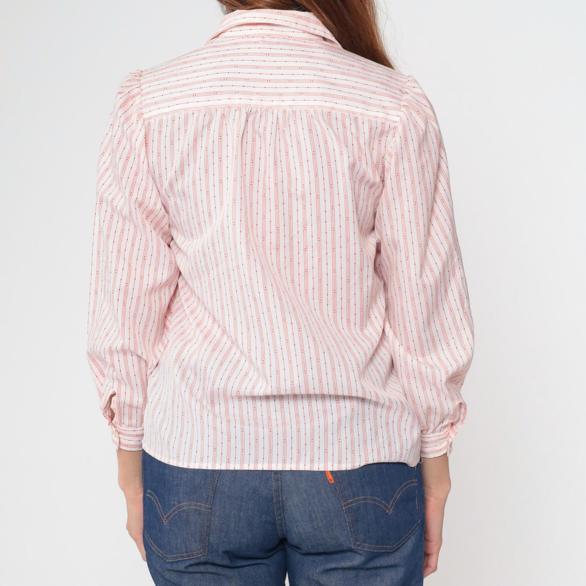 80s Striped Puff Sleeve Button-Up Blouse White Red Small S