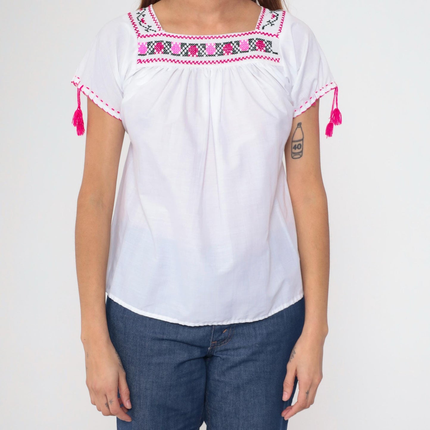 90s Mexican Embroidered Floral Blouse White Pink Square Neck Short Sleeve Small