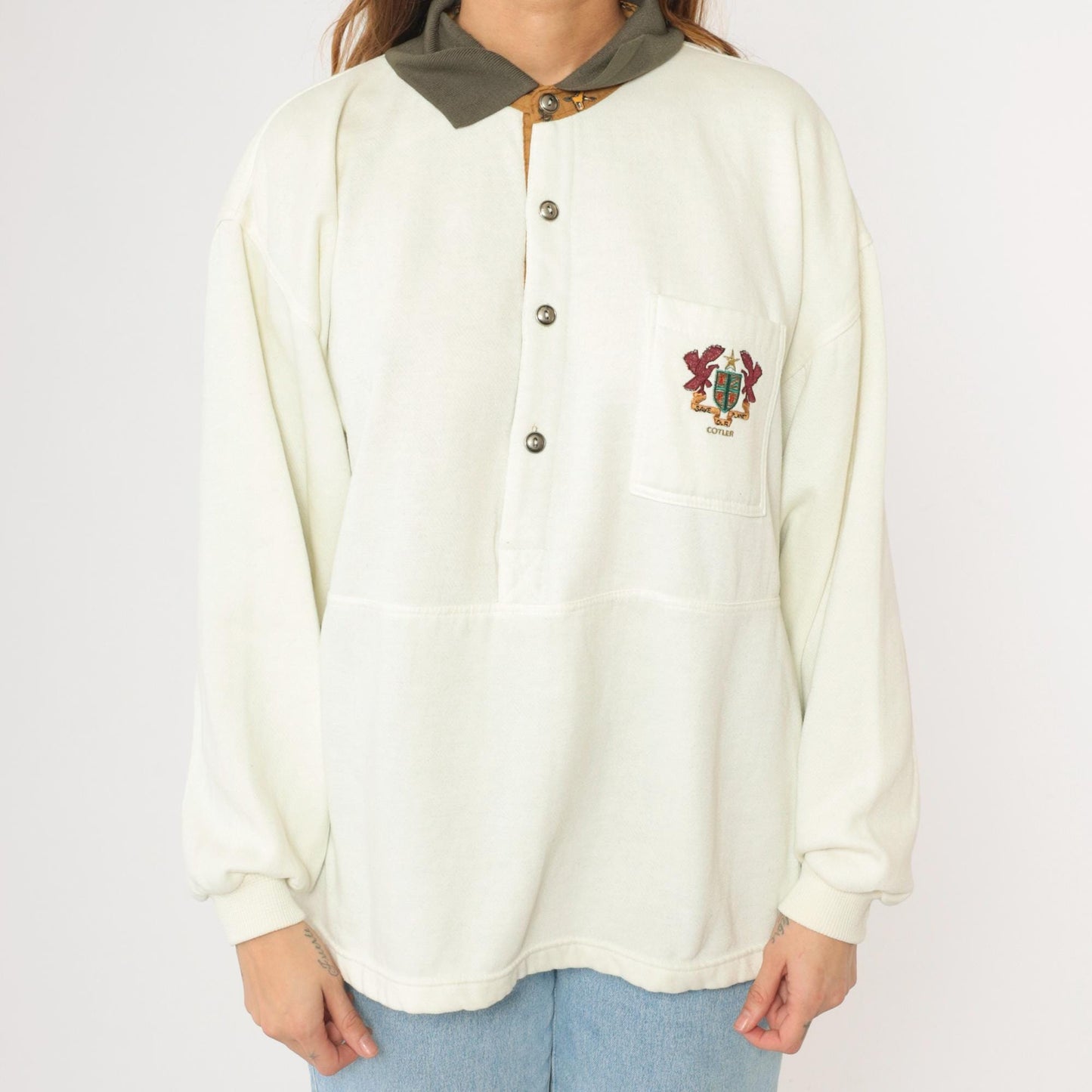 90s Cotler Collared Sweatshirt Embroidered Crest Cream Polo Extra Large XXL