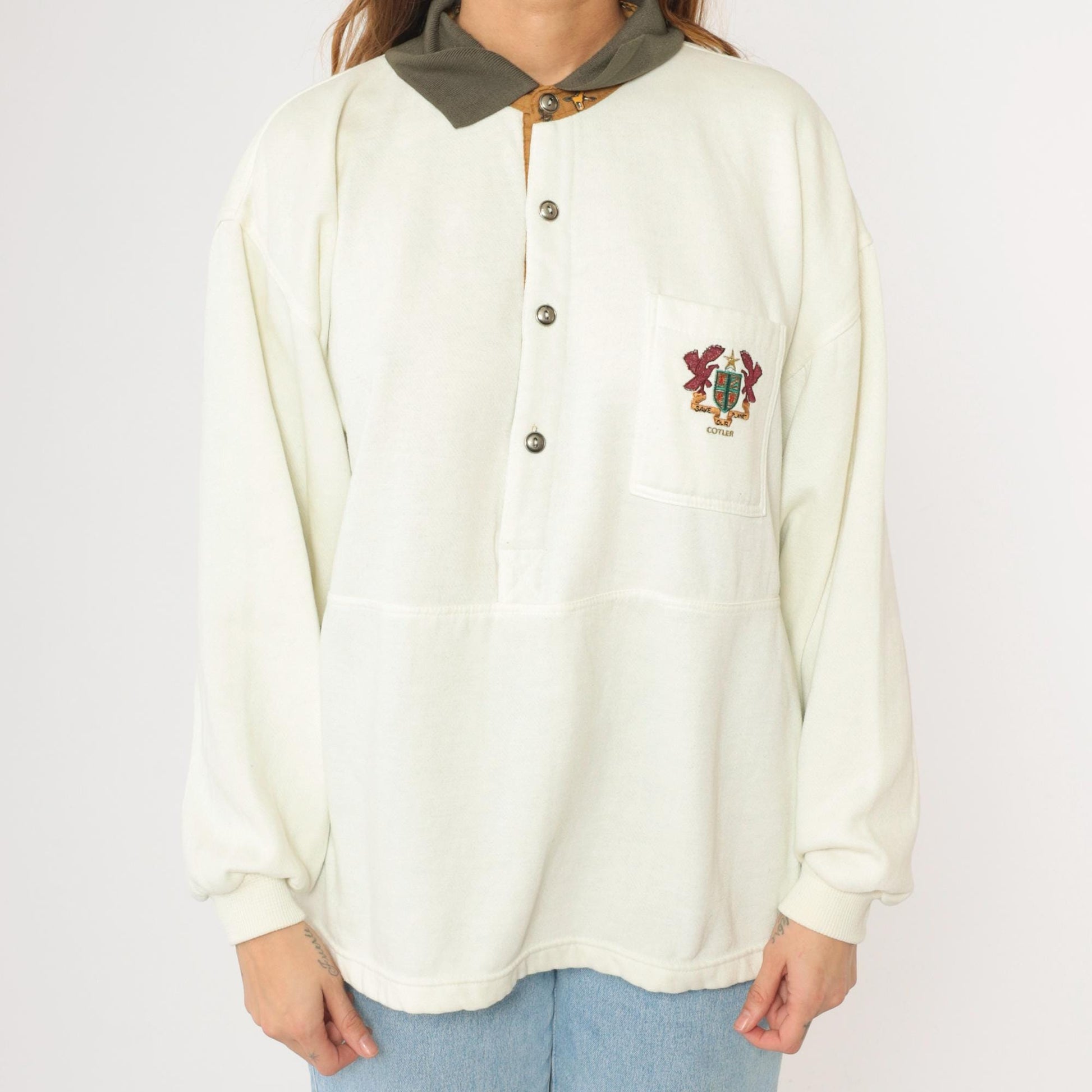 90s Cotler Collared Sweatshirt Embroidered Crest Cream Polo Extra Large XXL