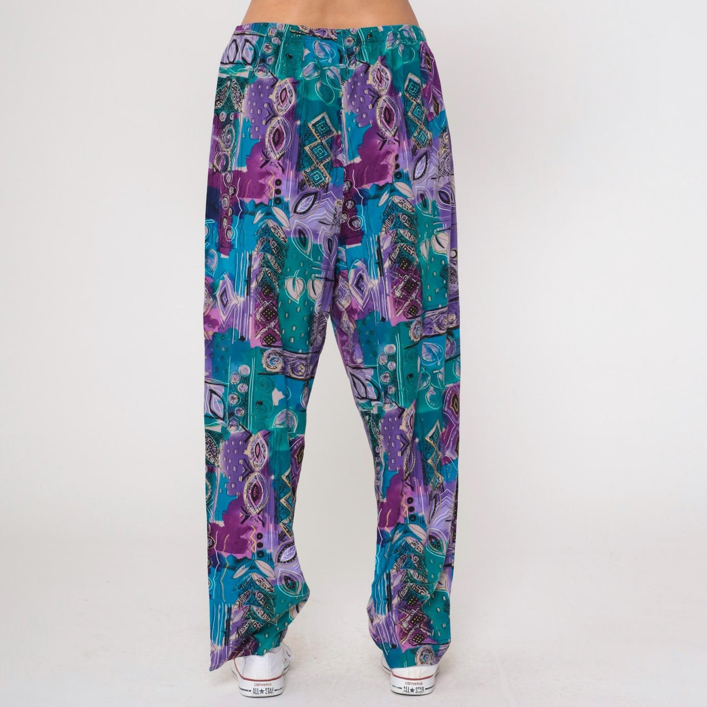 90s Fritzi Plus Sports Parachute Pants Geometric Leaf Print Purple Green Gold Trim 1X