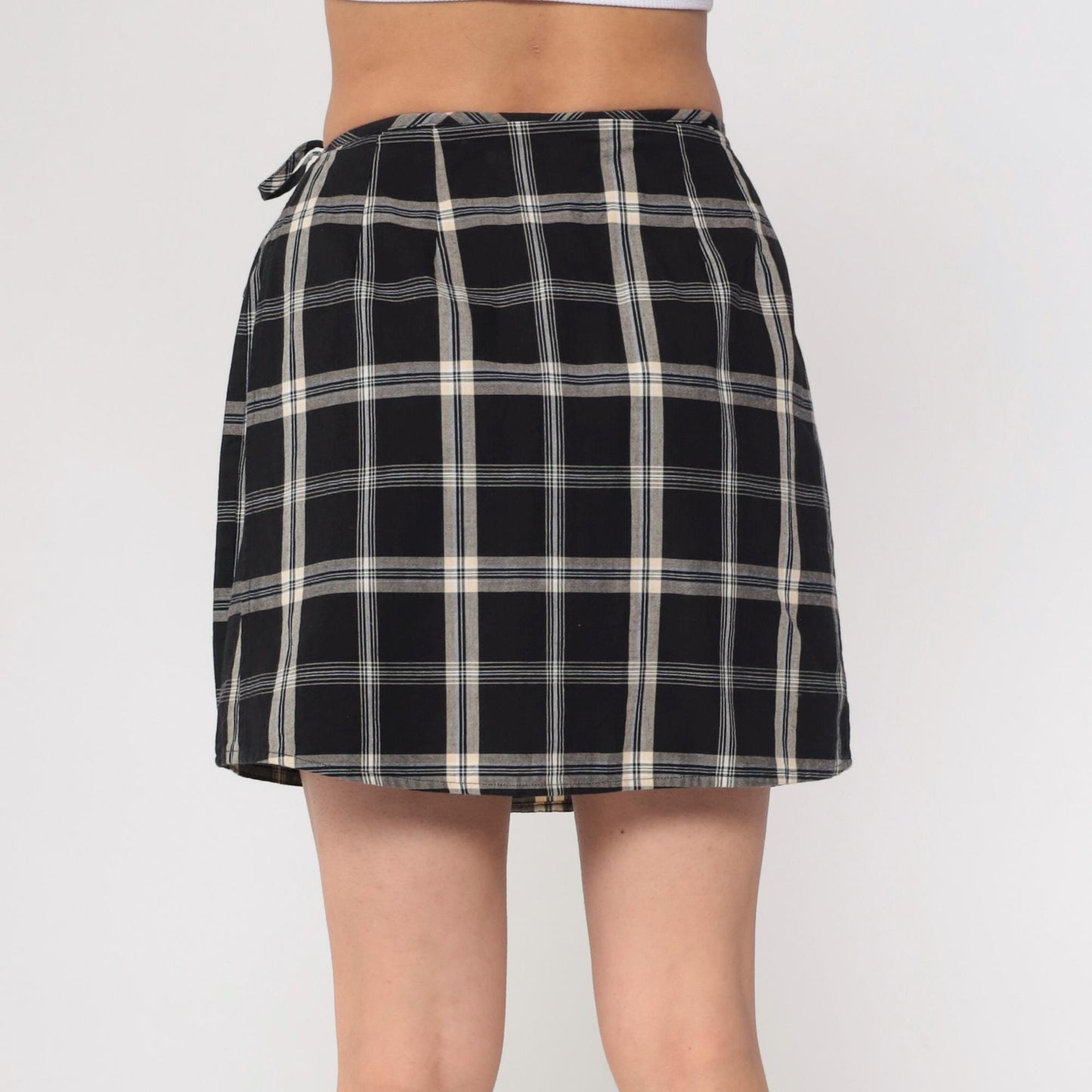 90s Black Checkered Wrap Skort High Waisted Plaid Mini Skirt Small 6