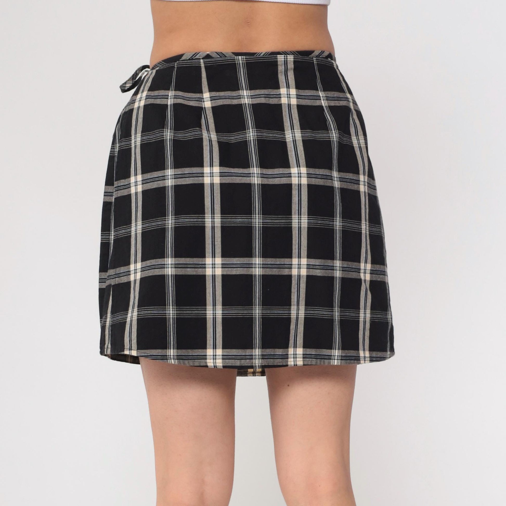 90s Black Checkered Wrap Skort High Waisted Plaid Mini Skirt Small 6