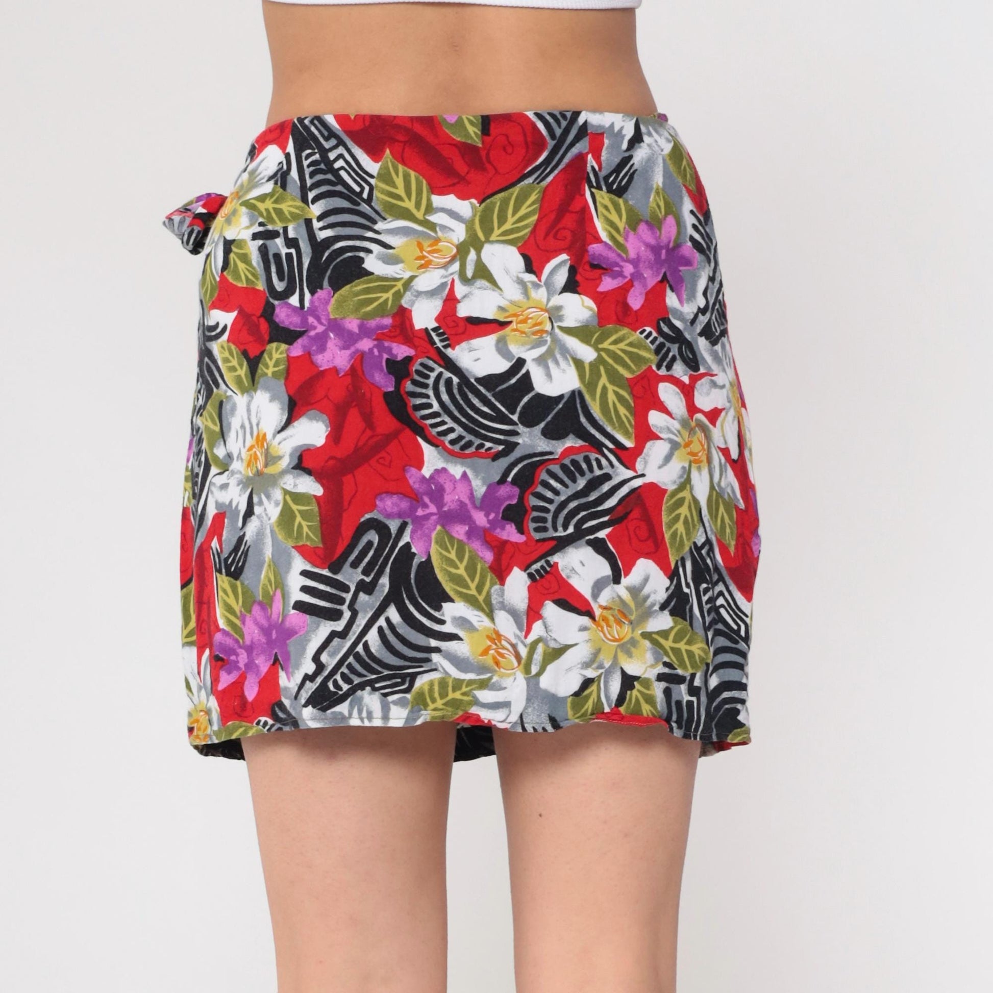 90s Tropical Floral Mini Skirt High Waist Faux Wrap Red Black White Small Medium