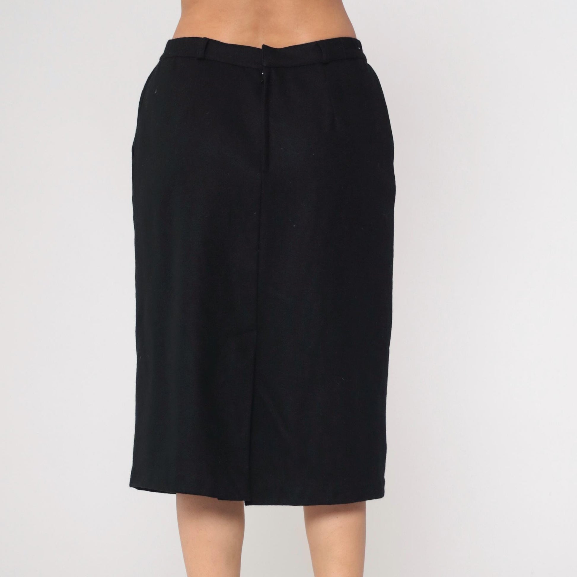90s Black Floral Embroidered Button-Up Pencil Skirt Knee Length Medium