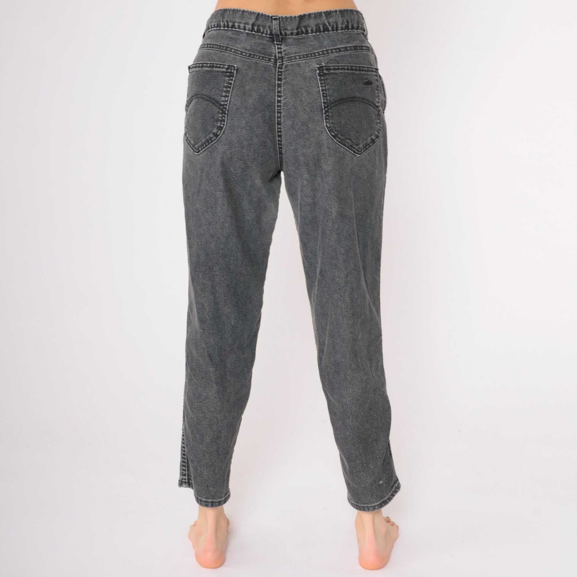 90s Chic High Waisted Tapered Jeans Faded Black Denim Large