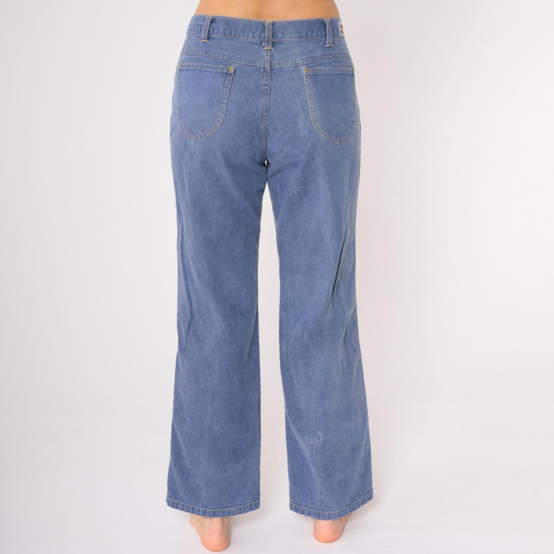 70s Bell Bottom Jeans Denim Mid Rise Blue Jean Team Medium