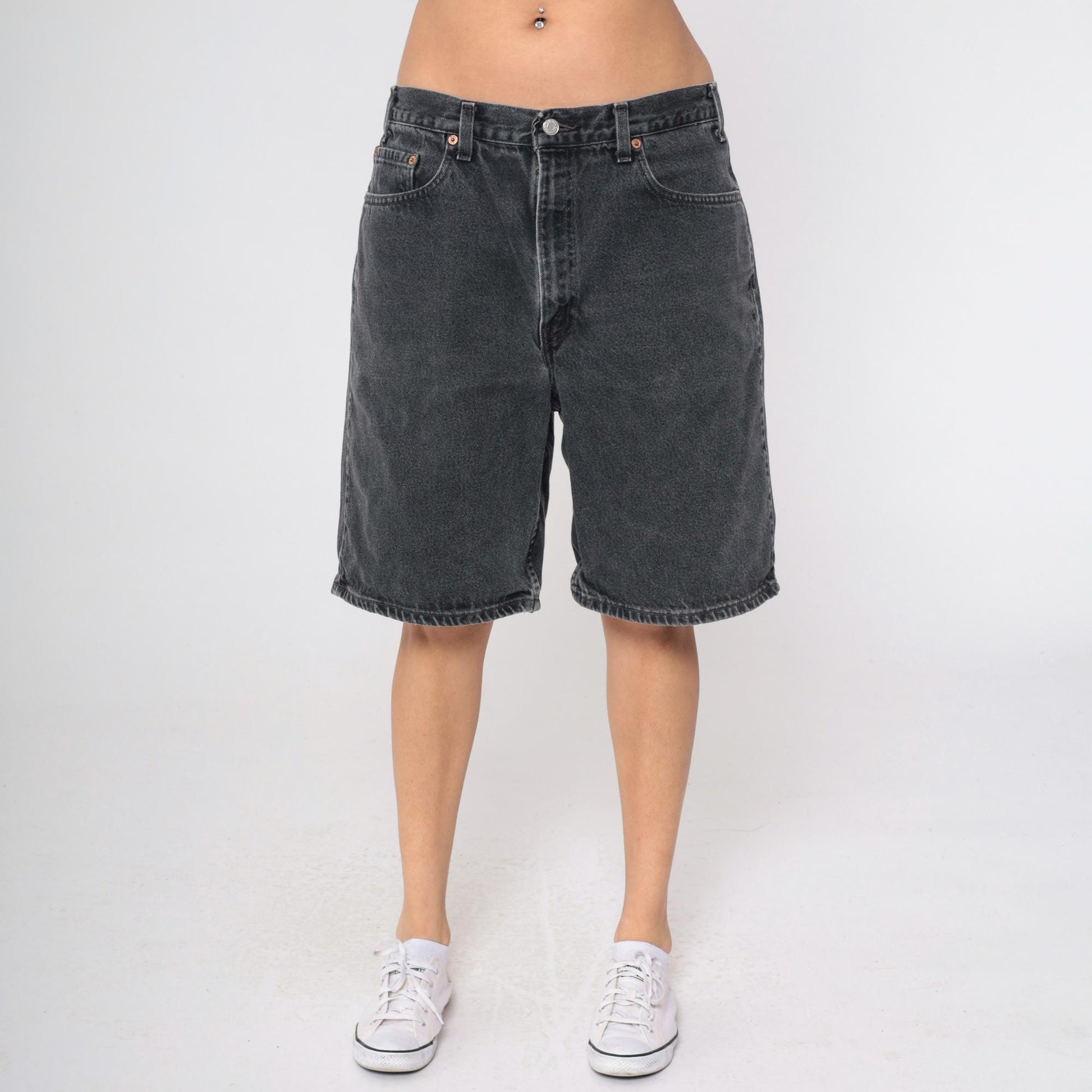 90s Levi's 550 Black Denim Shorts High Waist Knee Length Men's 38