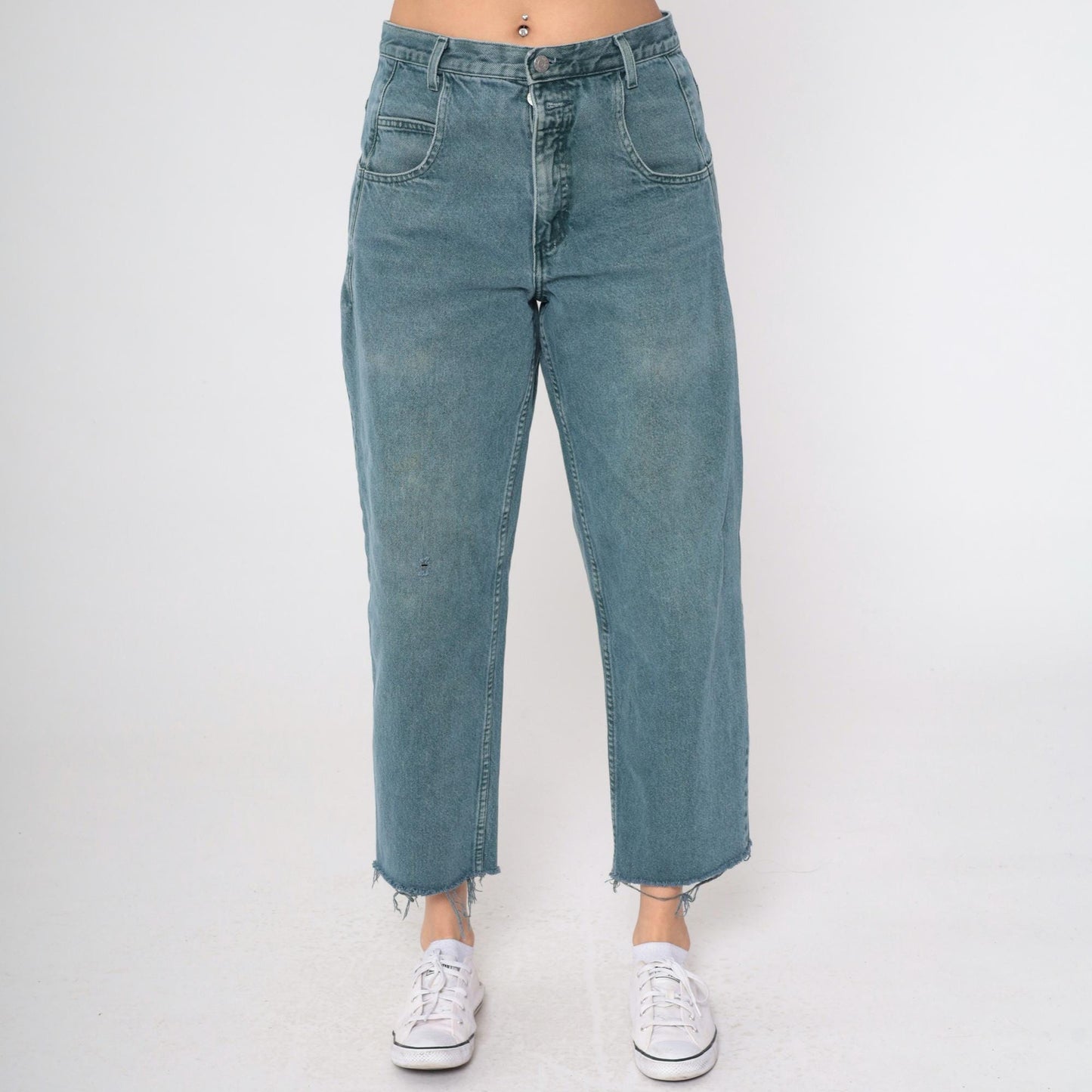 90s Guess Jeans High Rise Straight Leg Frayed Cutoff Blue-Green Denim 31