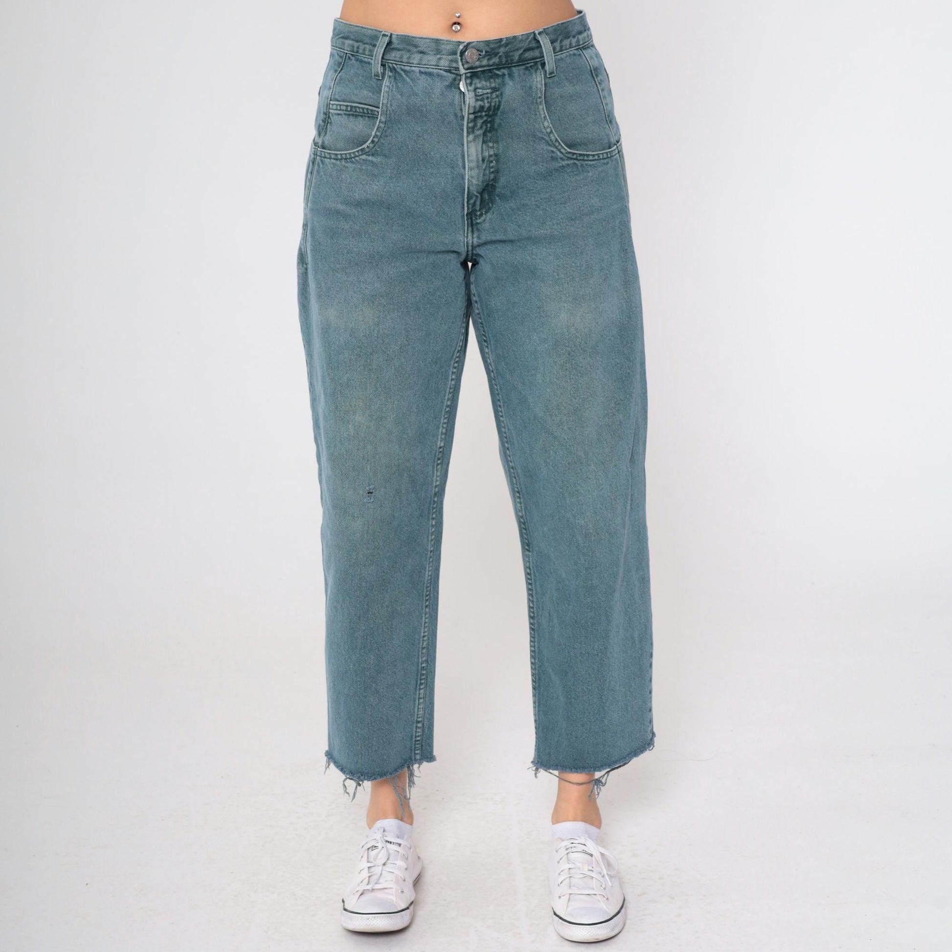 90s Guess Jeans High Rise Straight Leg Frayed Cutoff Blue-Green Denim 31