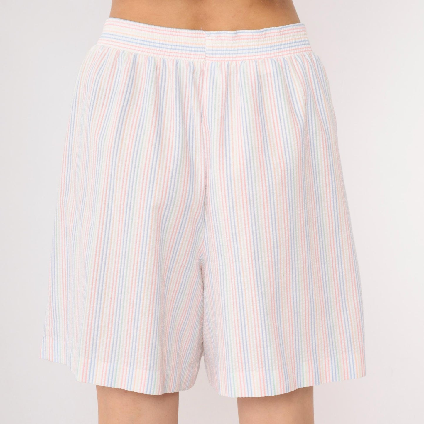 80s Seersucker Striped Skort White Rainbow Pastel High Waist Mini Medium