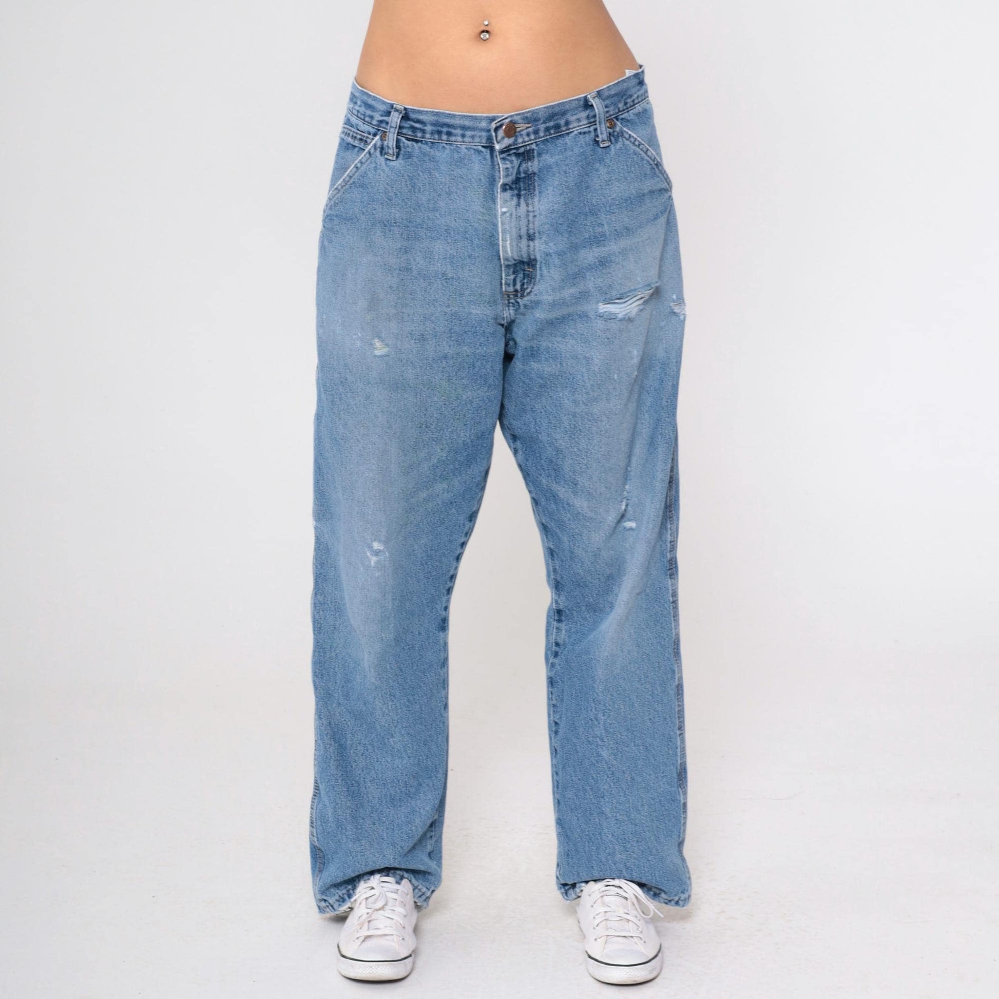 00s Wrangler Y2K High Rise Straight Leg Jeans Hammer Loop Faded Blue 36x30