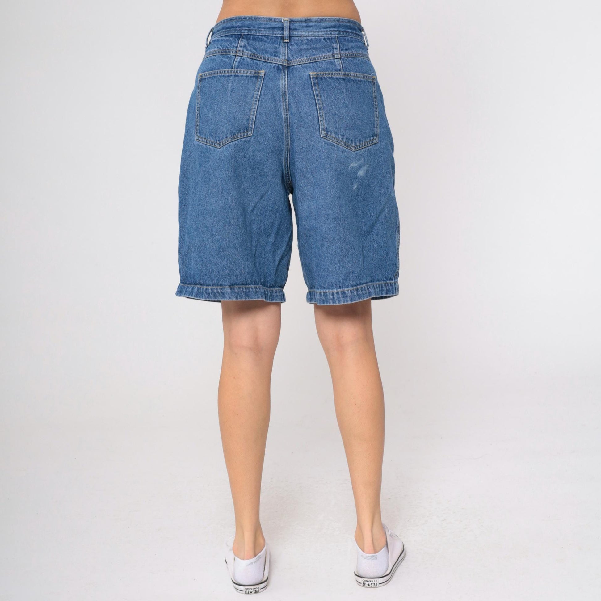 90s Claus Sports High Waisted Pleated Denim Shorts Blue Large
