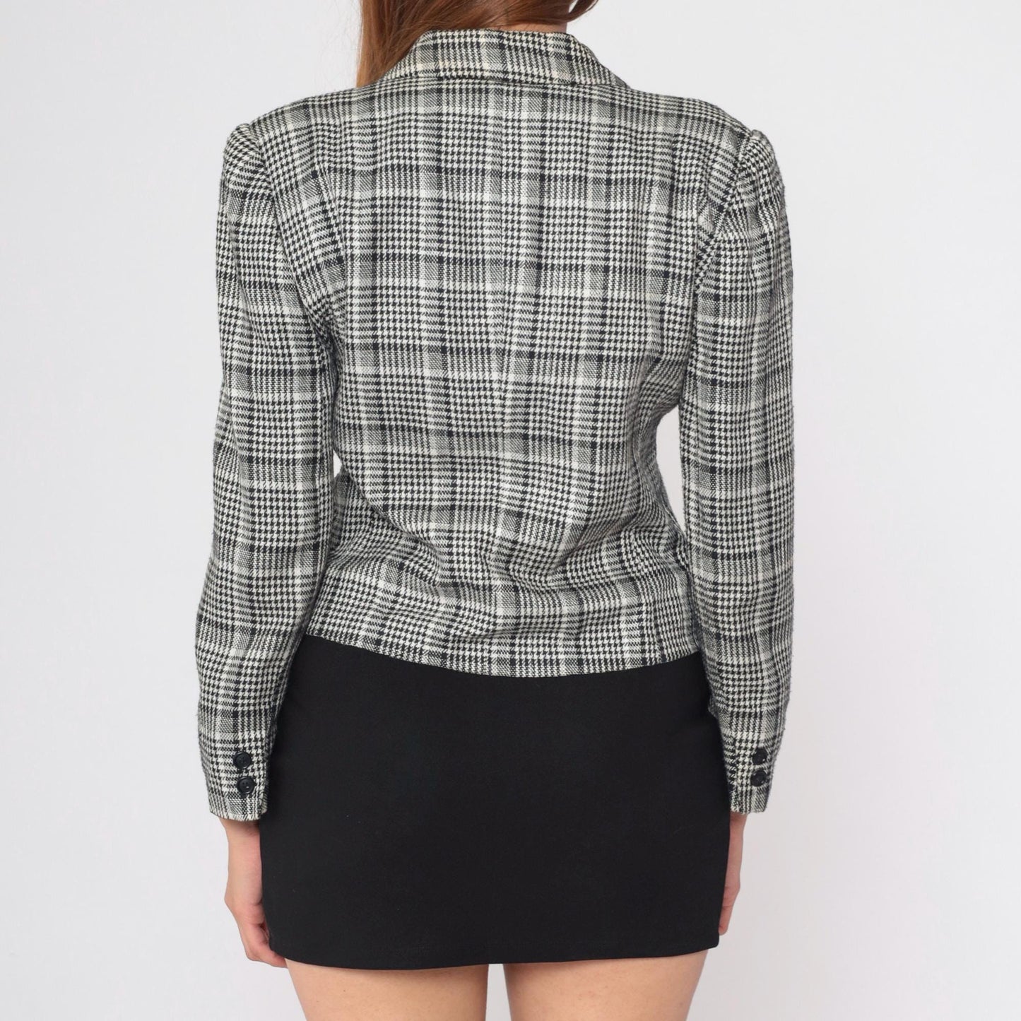 90s Michelle Stuart Houndstooth Blazer Black White Single Button Small Petite