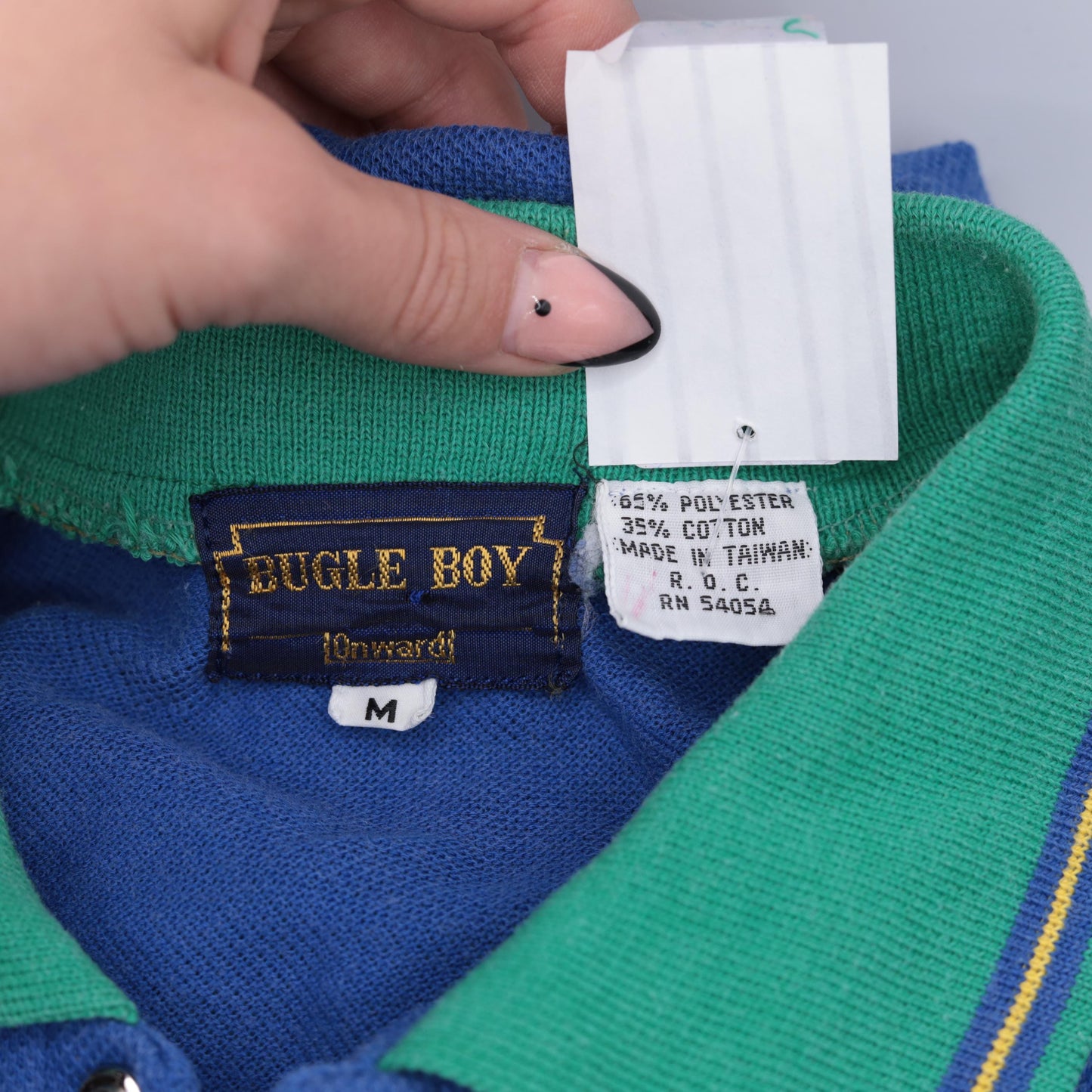80s Bugle Boy Polo Shirt Colorblock Blue Green Raglan Medium