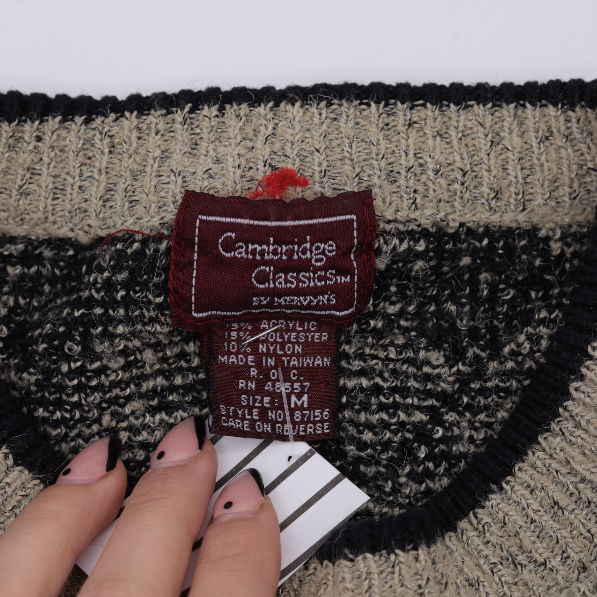 90s Geometric Knit Sweater Black Taupe Lattice Crewneck Pullover Medium