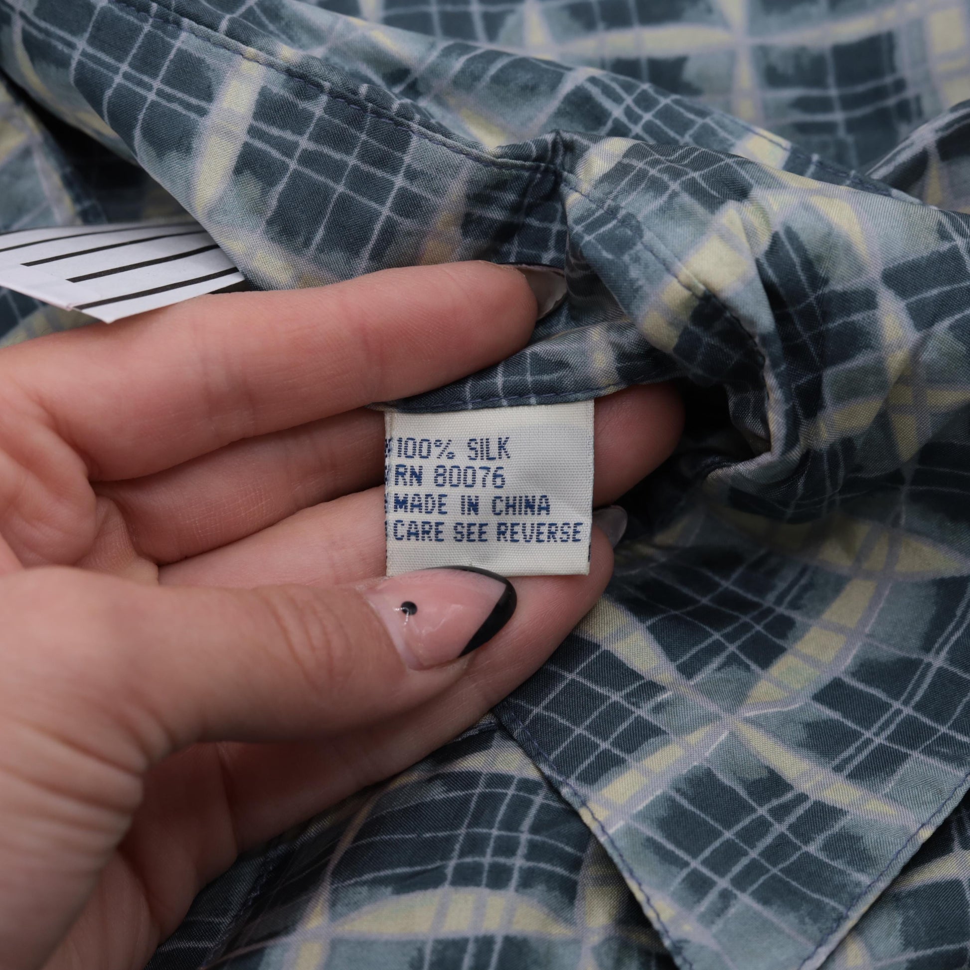 90s Robert Stock Silk Shirt Blue Geometric Print Button Up Small