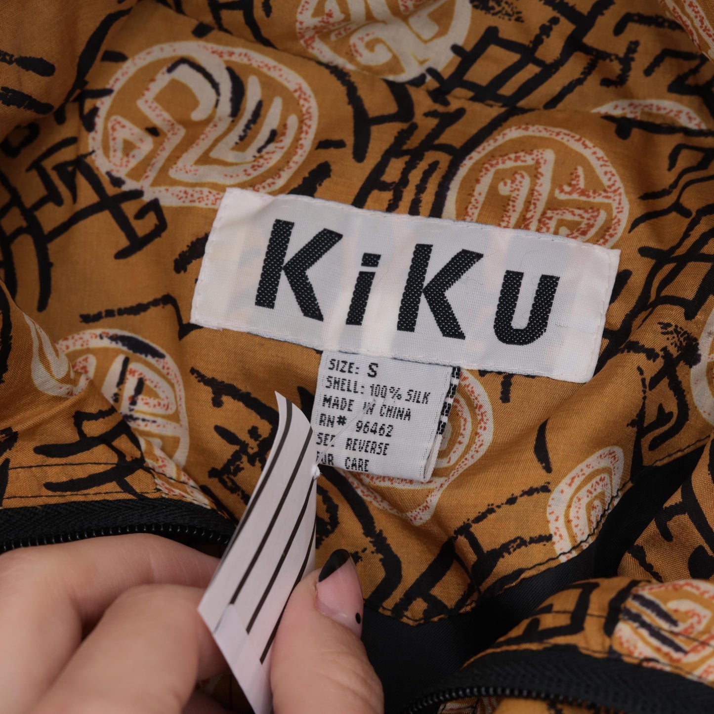 90s Kiku Silk Windbreaker Mustard Yellow Asian Symbol Zip Jacket Small