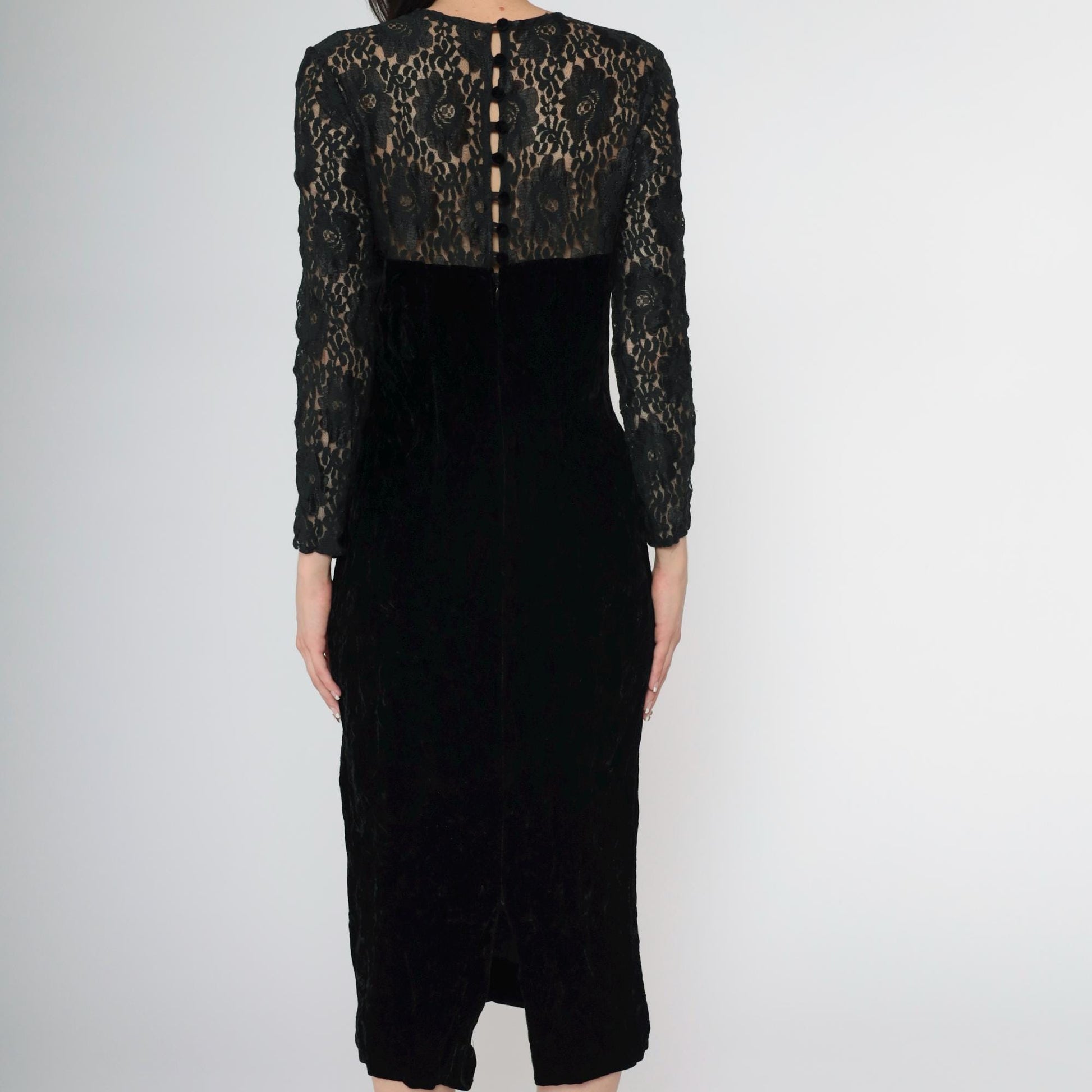 80s Depeche Black Velvet Midi Dress Lace Sleeves Sweetheart Neckline Small
