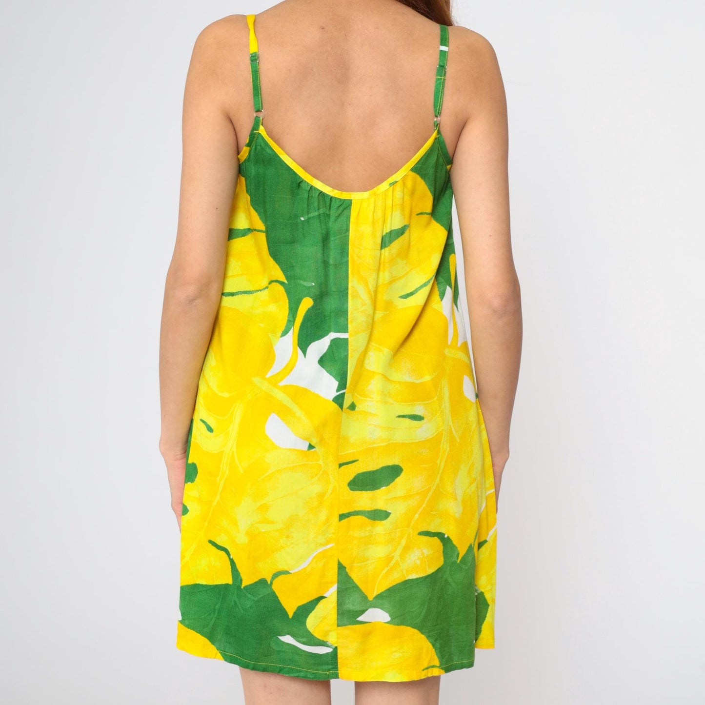 Y2K Tropical Leaf Print Mini Dress Yellow Green Spaghetti Strap Small