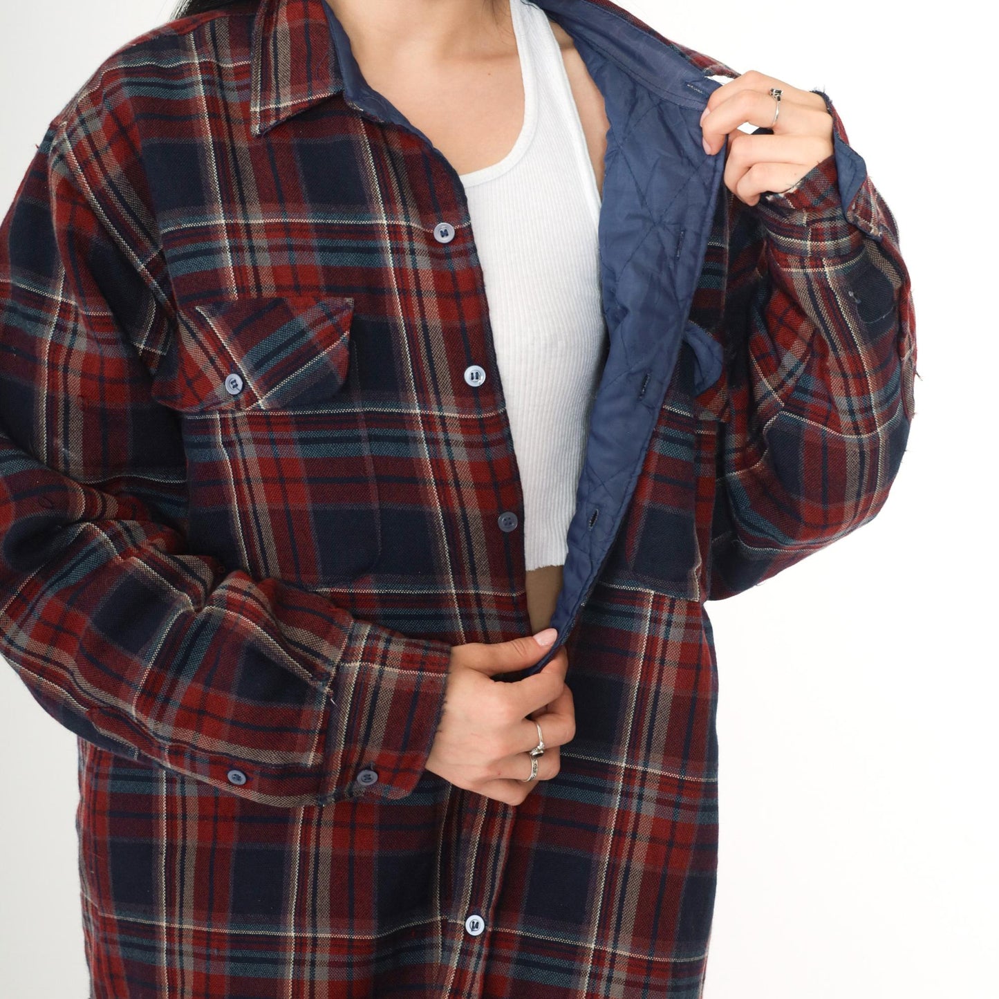 80s TimberTrail Wool Plaid Shirt Quilted Lining Red Navy Button Up Large L