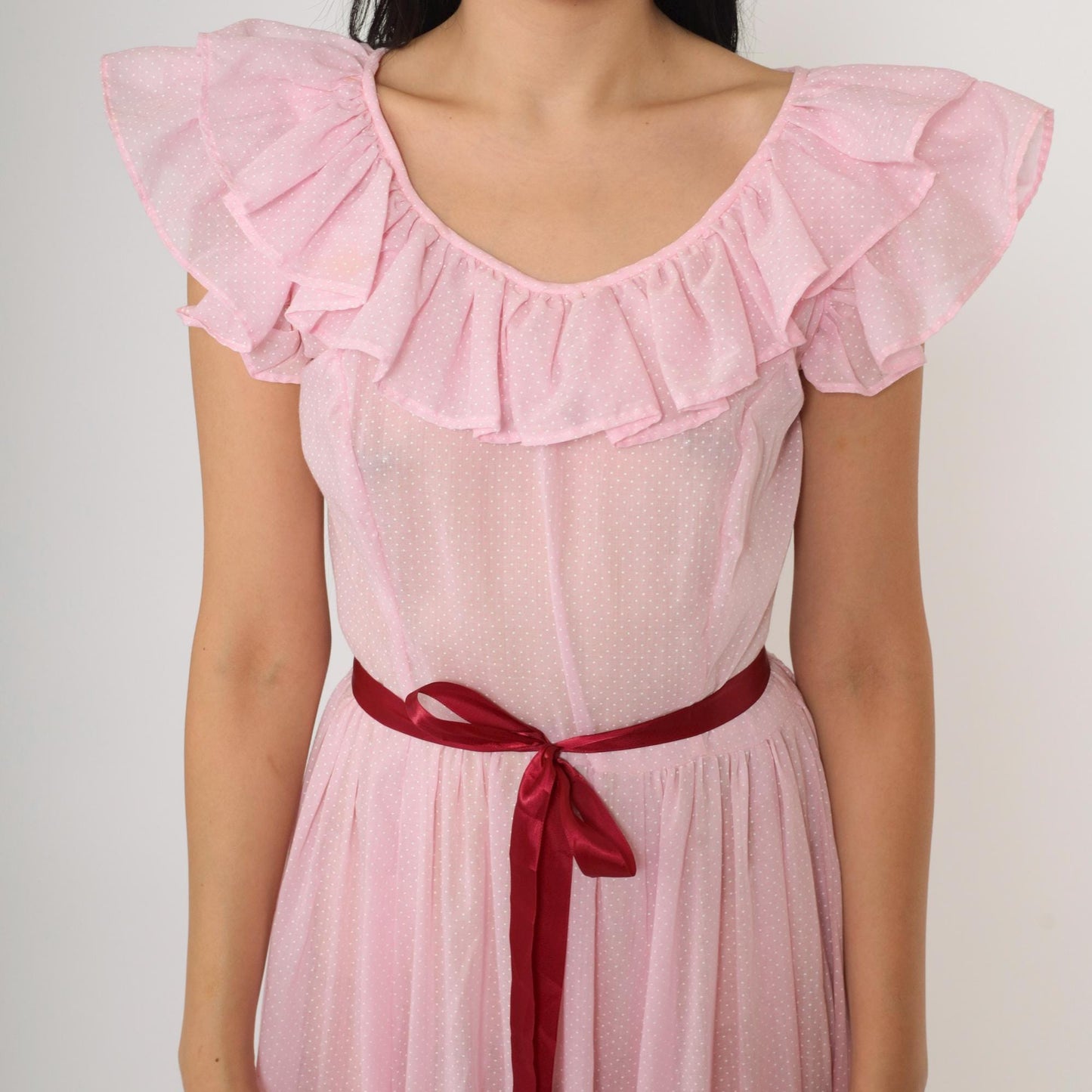 70s Baby Pink Polka Dot Maxi Dress Flutter Sleeve Scoop Neck Small