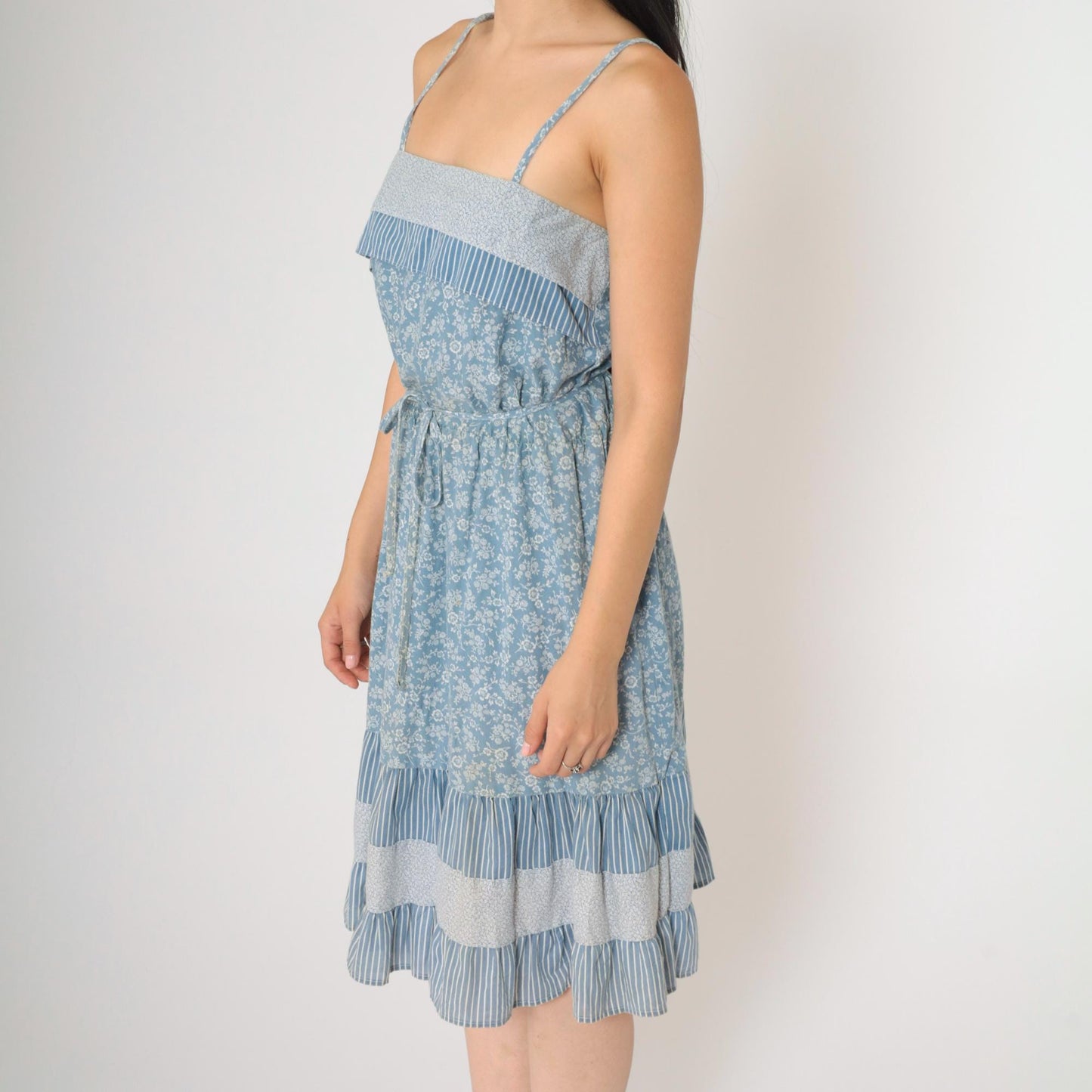 70s Floral Blue Tiered Sundress Spaghetti Strap High Waist Knee Length Small