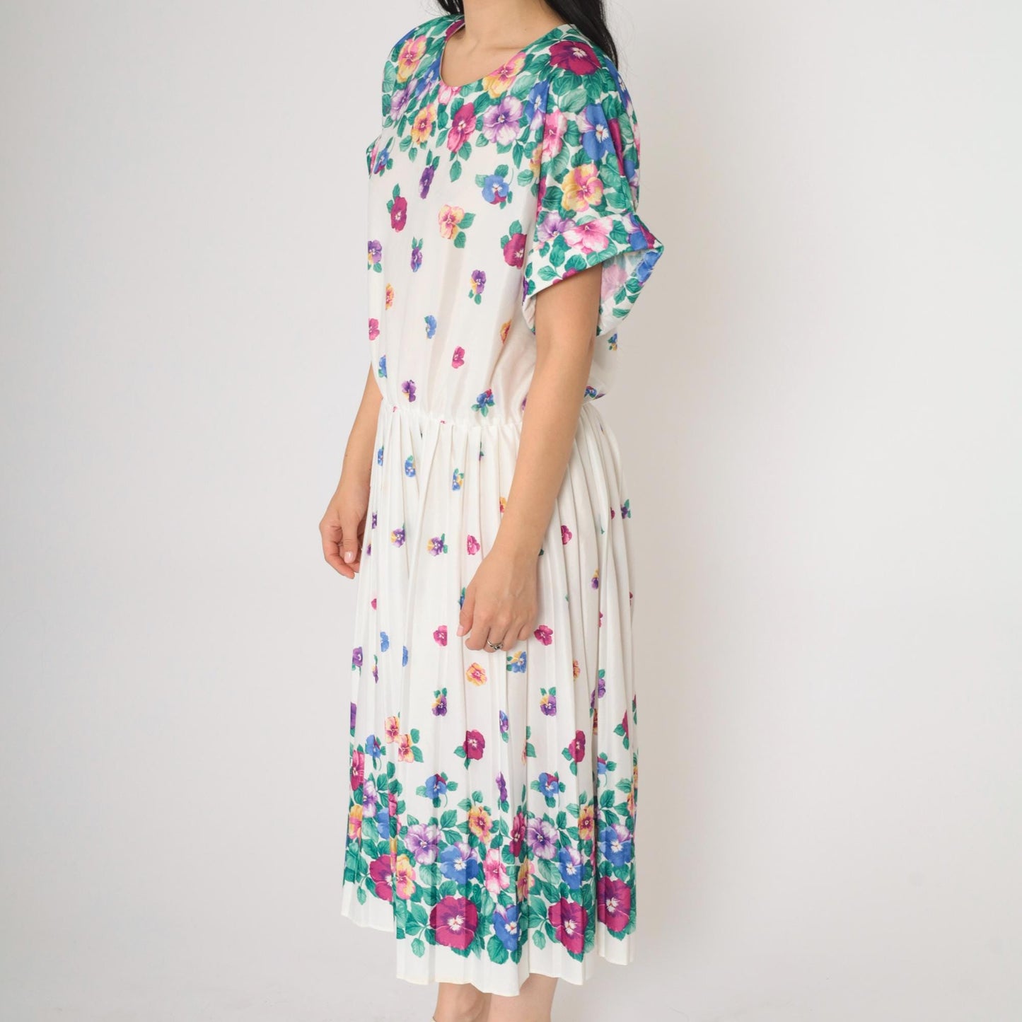 80s Floral Midi Dress White Multicolor Pleated High Waist Short Sleeve Extra Large