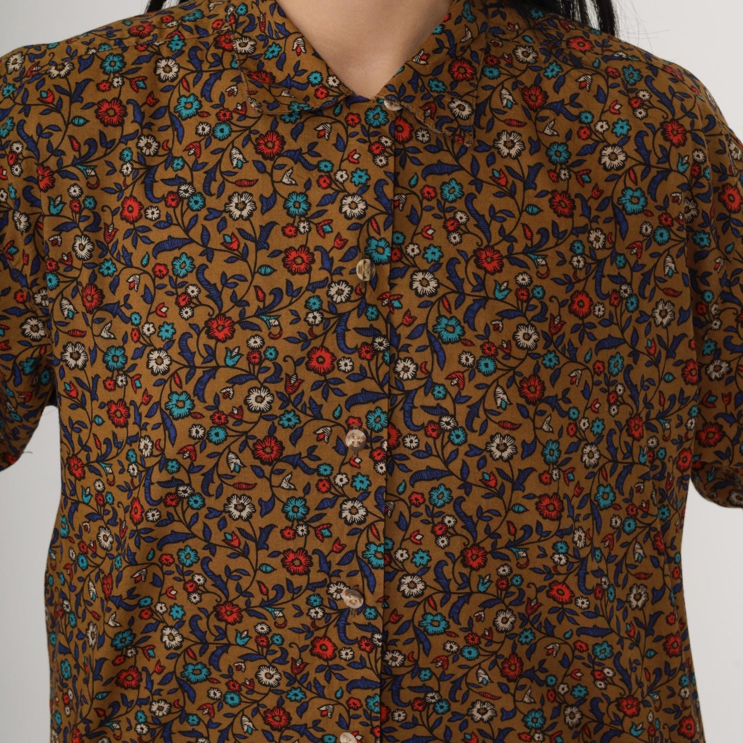 Y2K Levi's Dockers Floral Button-Up Blouse Brown Cotton Long Sleeve Small