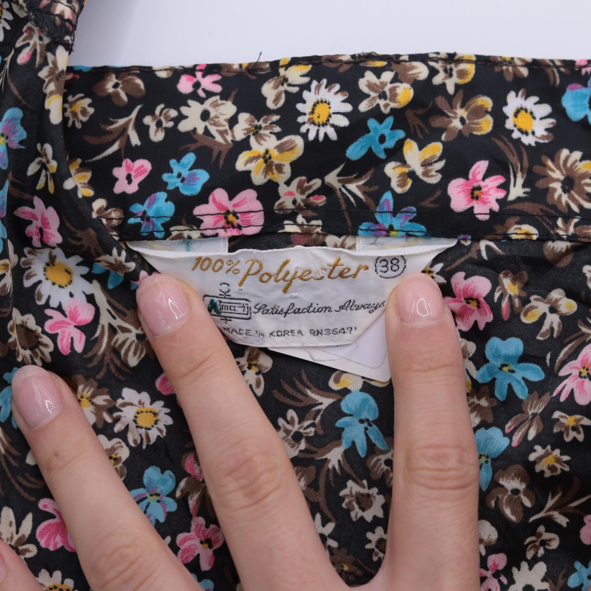 70s Calico Floral Black Button-Up Shirt Long Sleeve Flower Print Medium