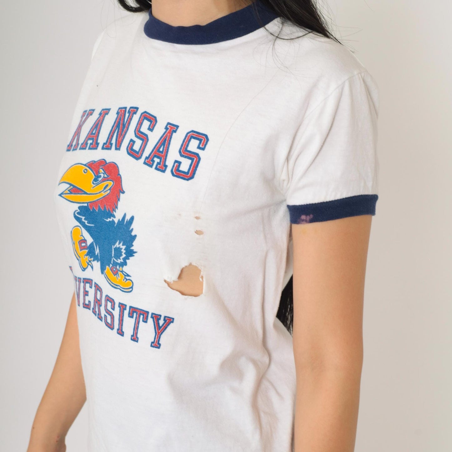 80s University of Kansas Jayhawks Ringer Tee White Graphic Athletic Shirt Small