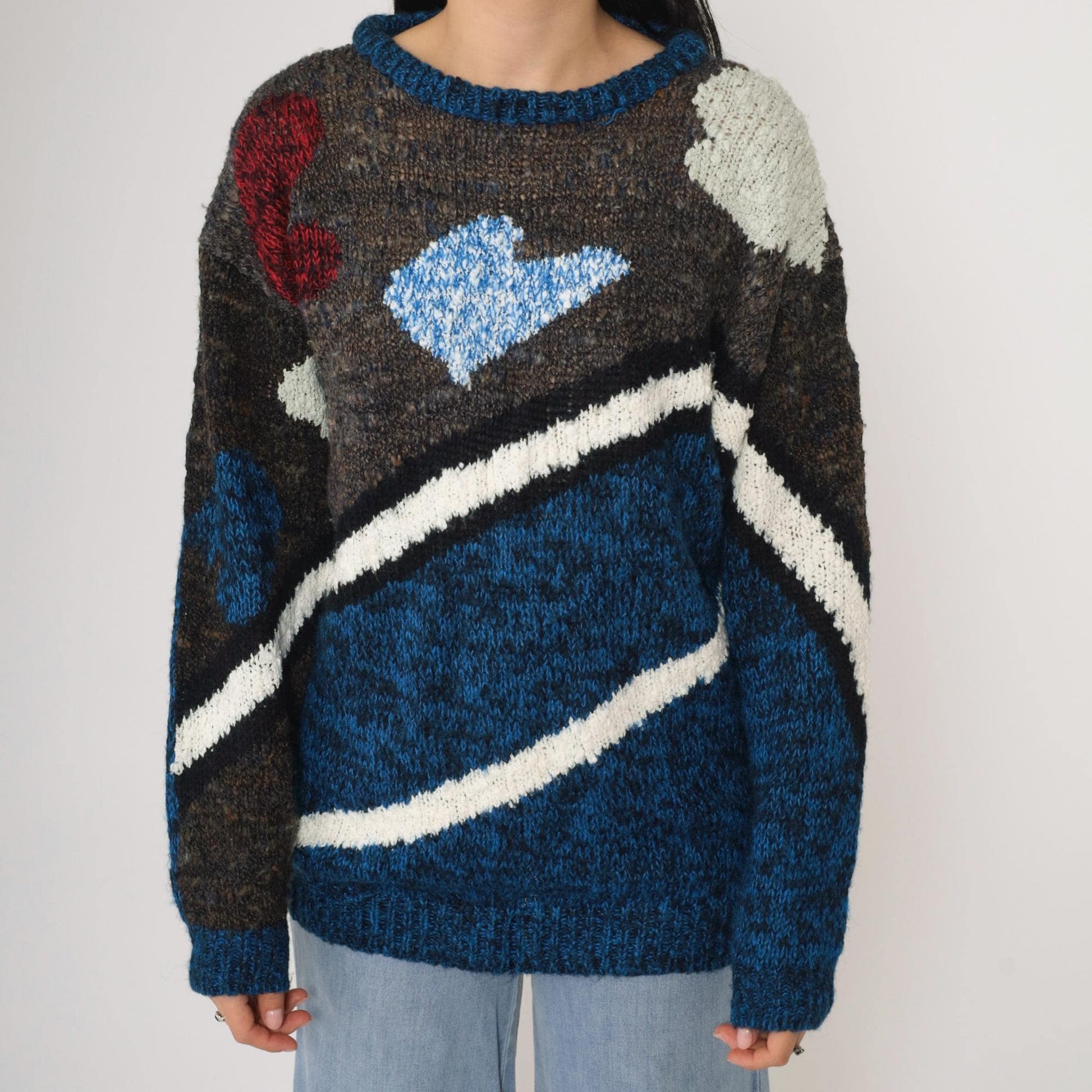 80s Geometric Space Dye Sweater Blue Striped Knit Pullover Small