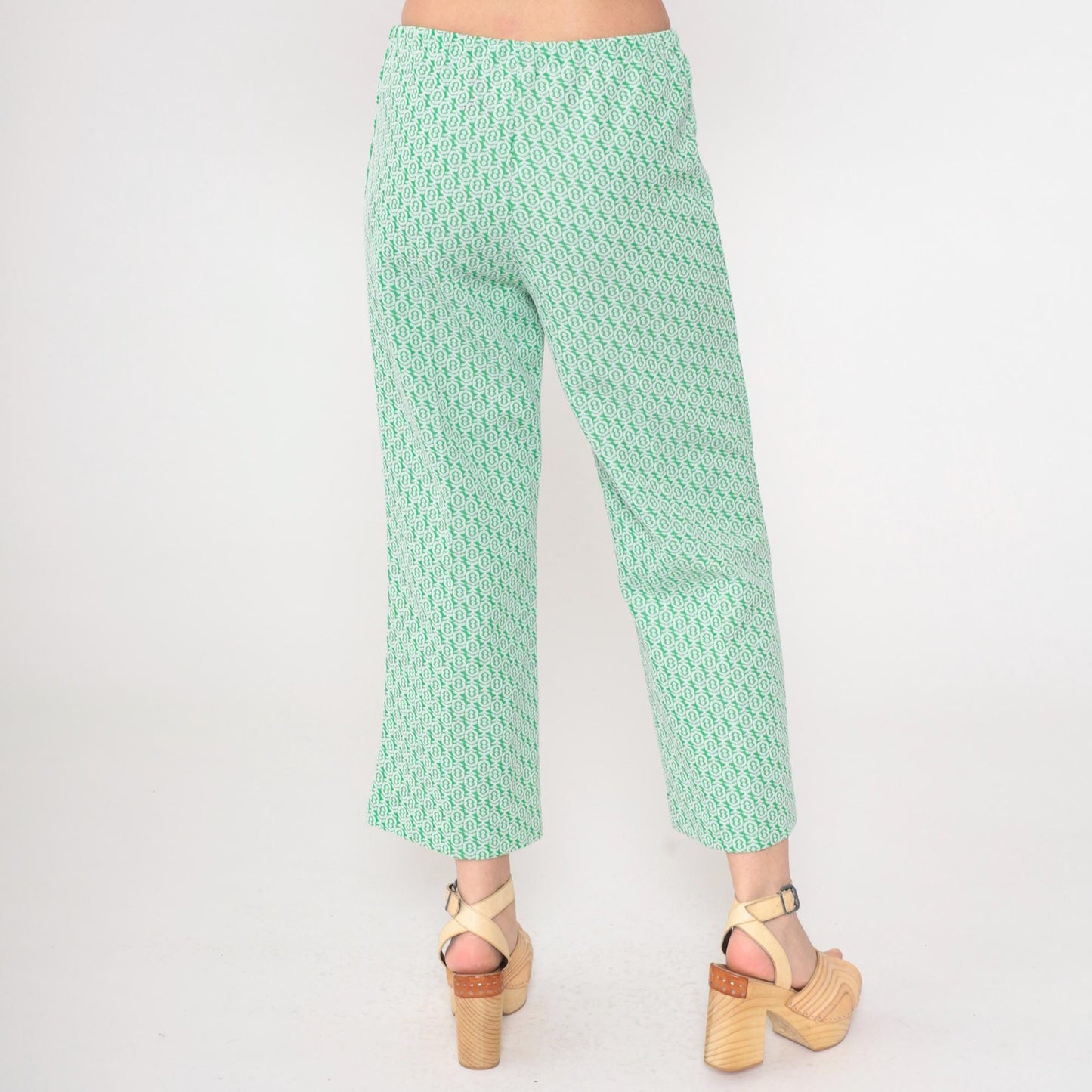 70s Green Geometric Flared Trousers High Waist Elastic Waistband Extra Small