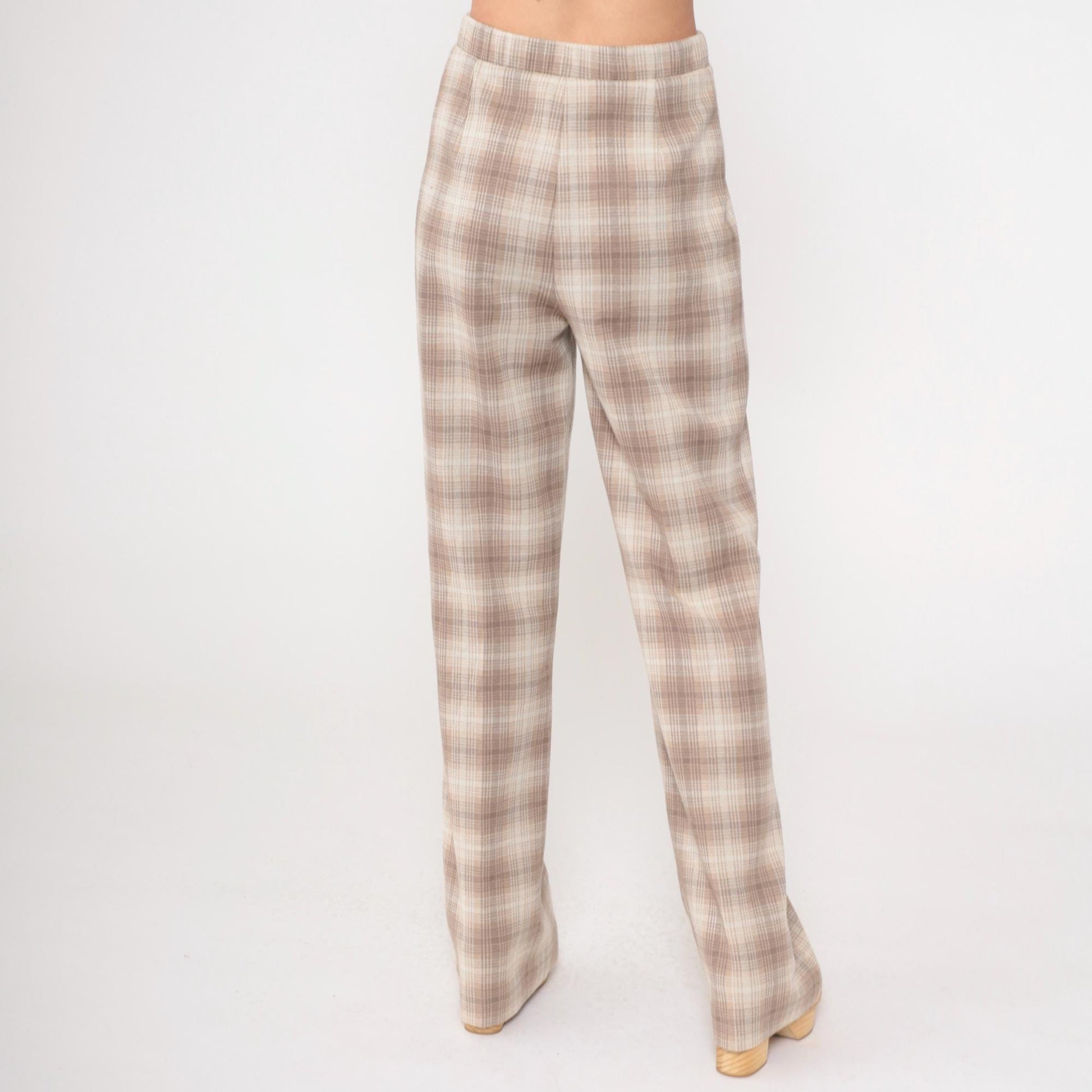 70s Plaid Flared Trousers Taupe High Waist Elastic Pants Small