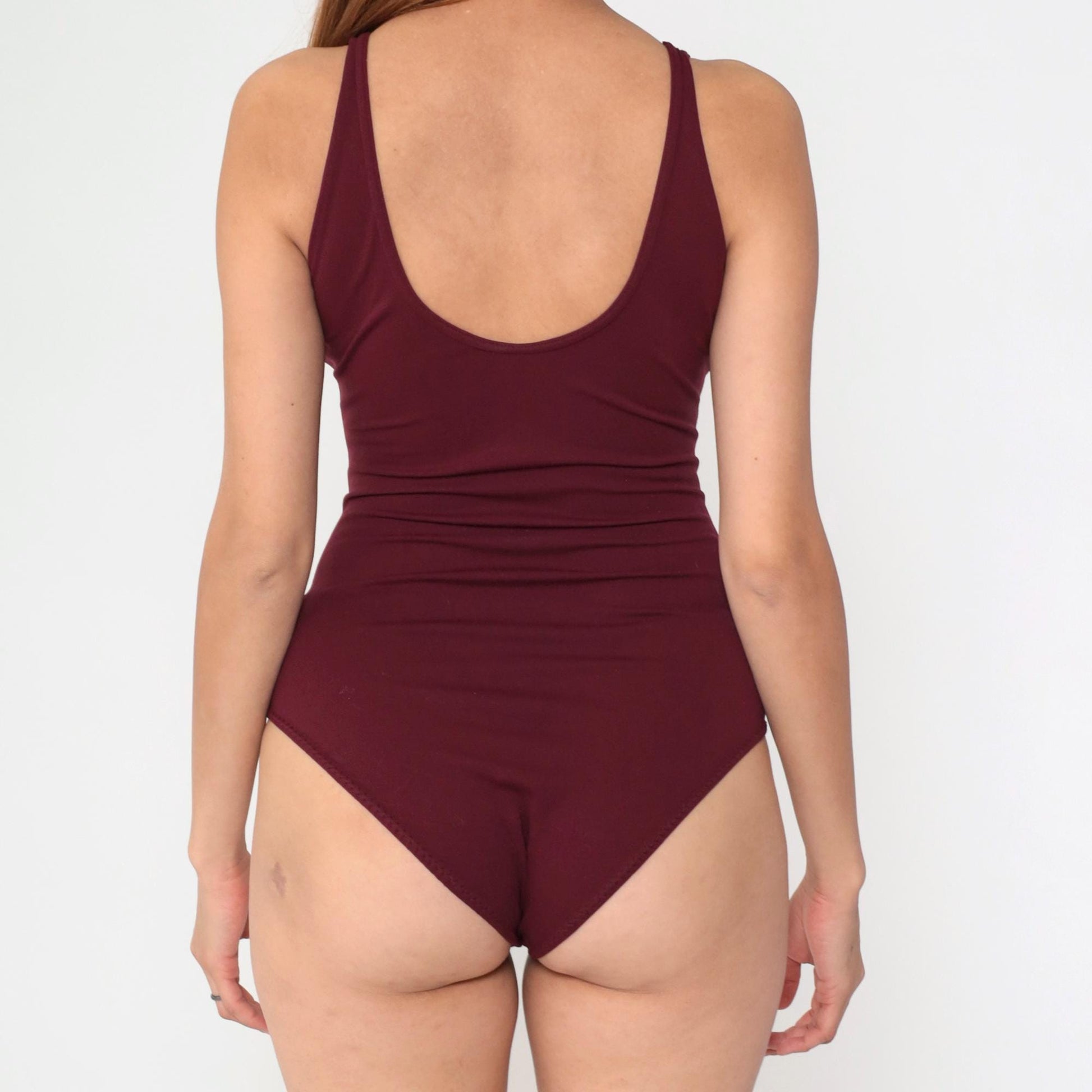 80s Burgundy Sleeveless Leotard Scoop Neck Bodysuit Small Medium