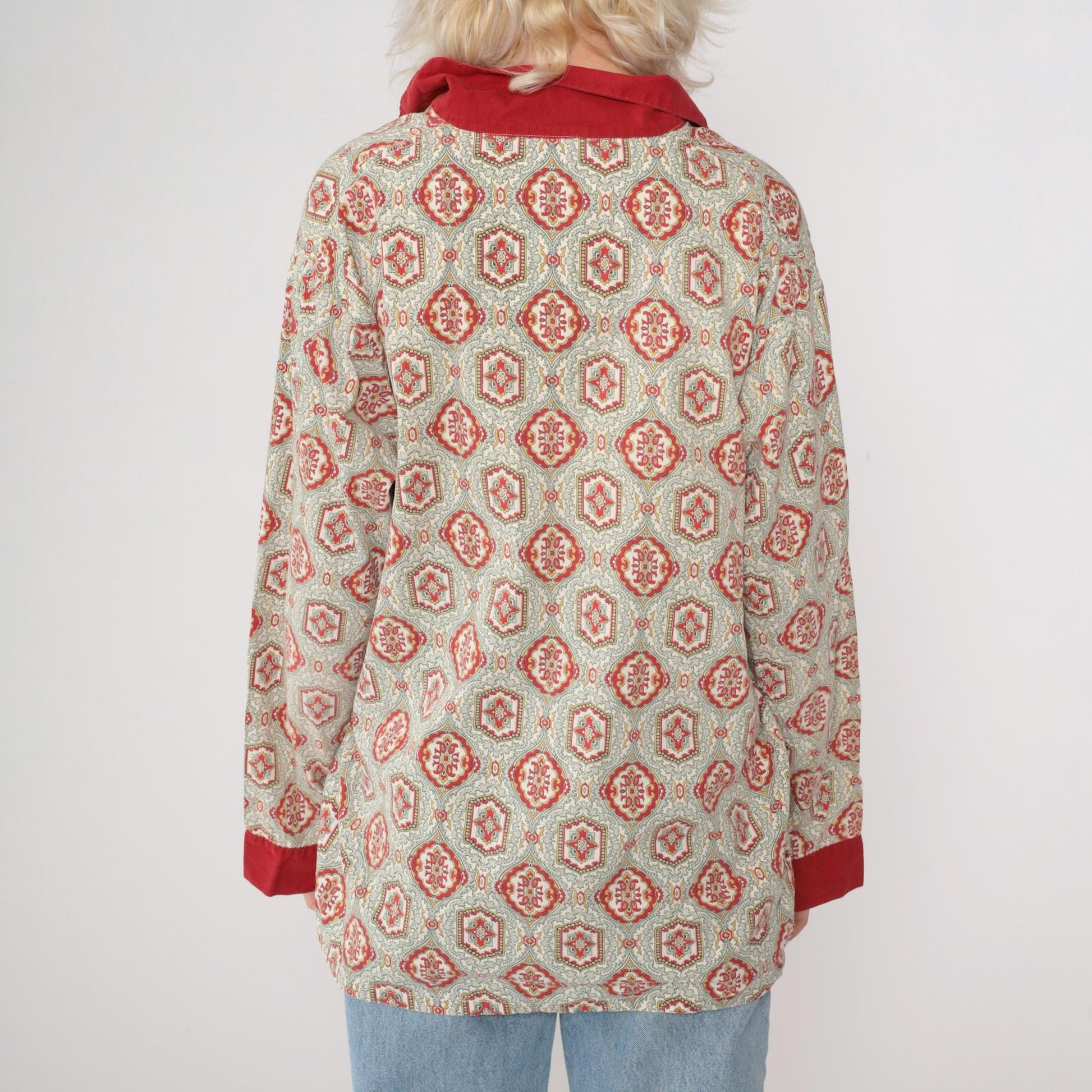 70s Towncraft Pajama Shirt Geometric Button Up Grey Red Medium