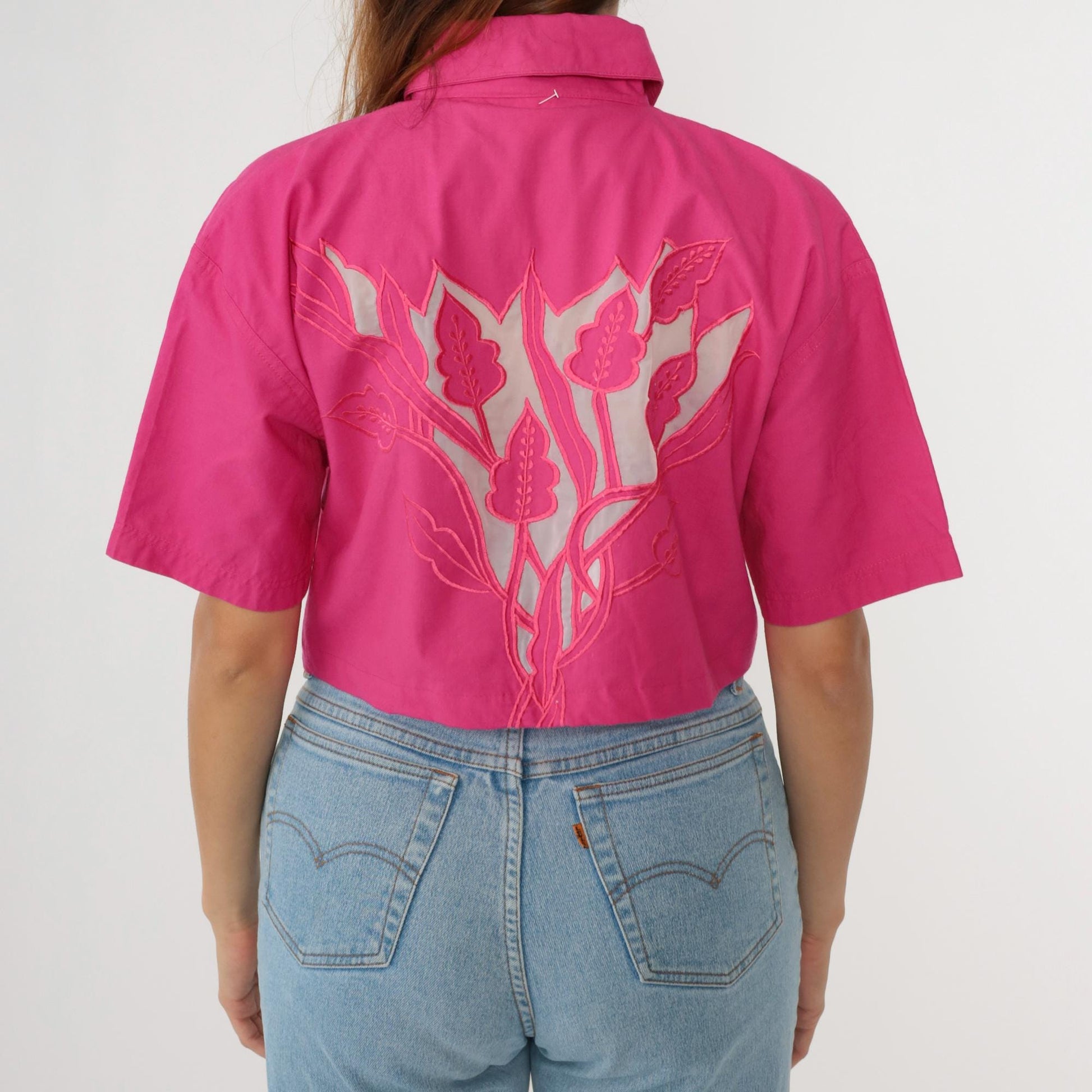 90s Pink Floral Embroidered Cutout Crop Blouse Button Up Medium Large