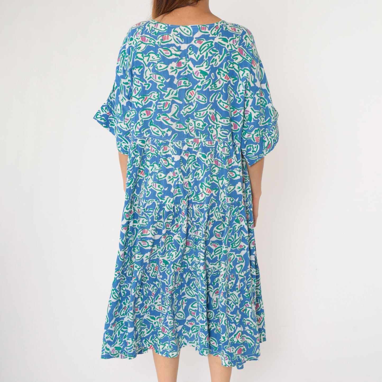 90s Fish Print Midi Dress Blue Abstract Cotton High Waist Half Sleeve Large L