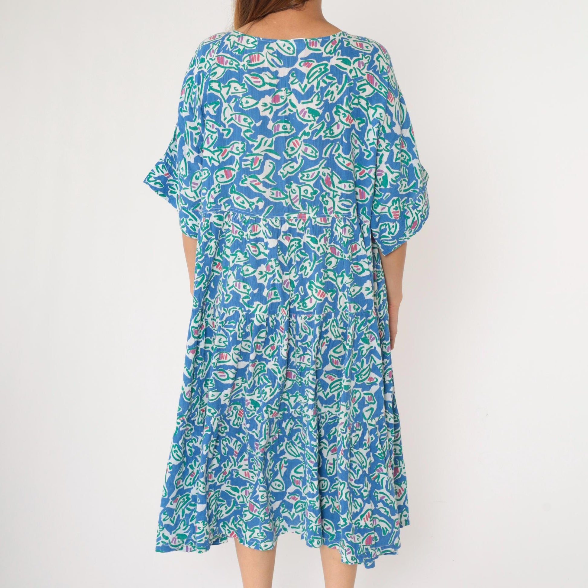 90s Fish Print Midi Dress Blue Abstract Cotton High Waist Half Sleeve Large L