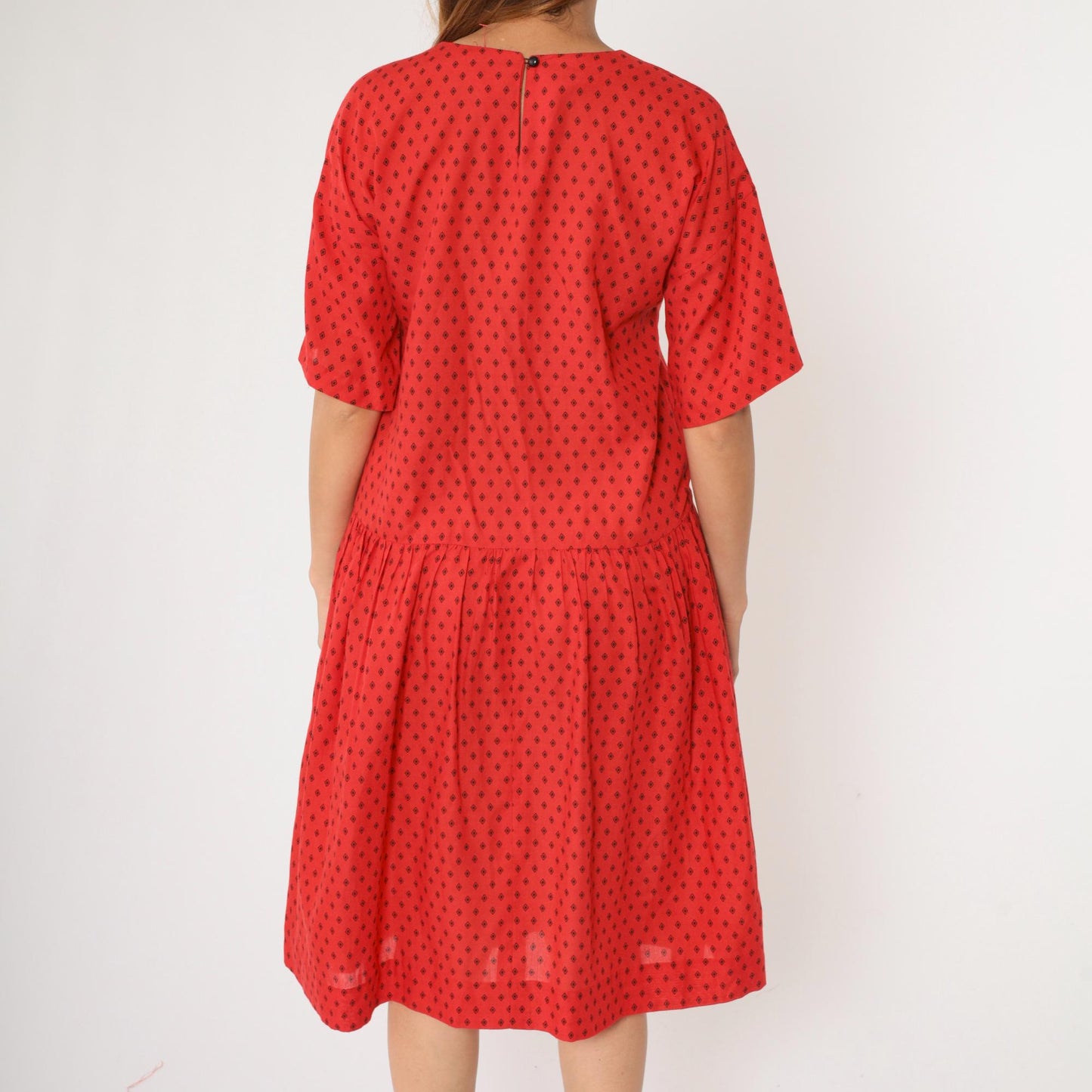 80s Geometric Diamond Print Midi Dress Red Drop Waist Short Sleeve Medium Large