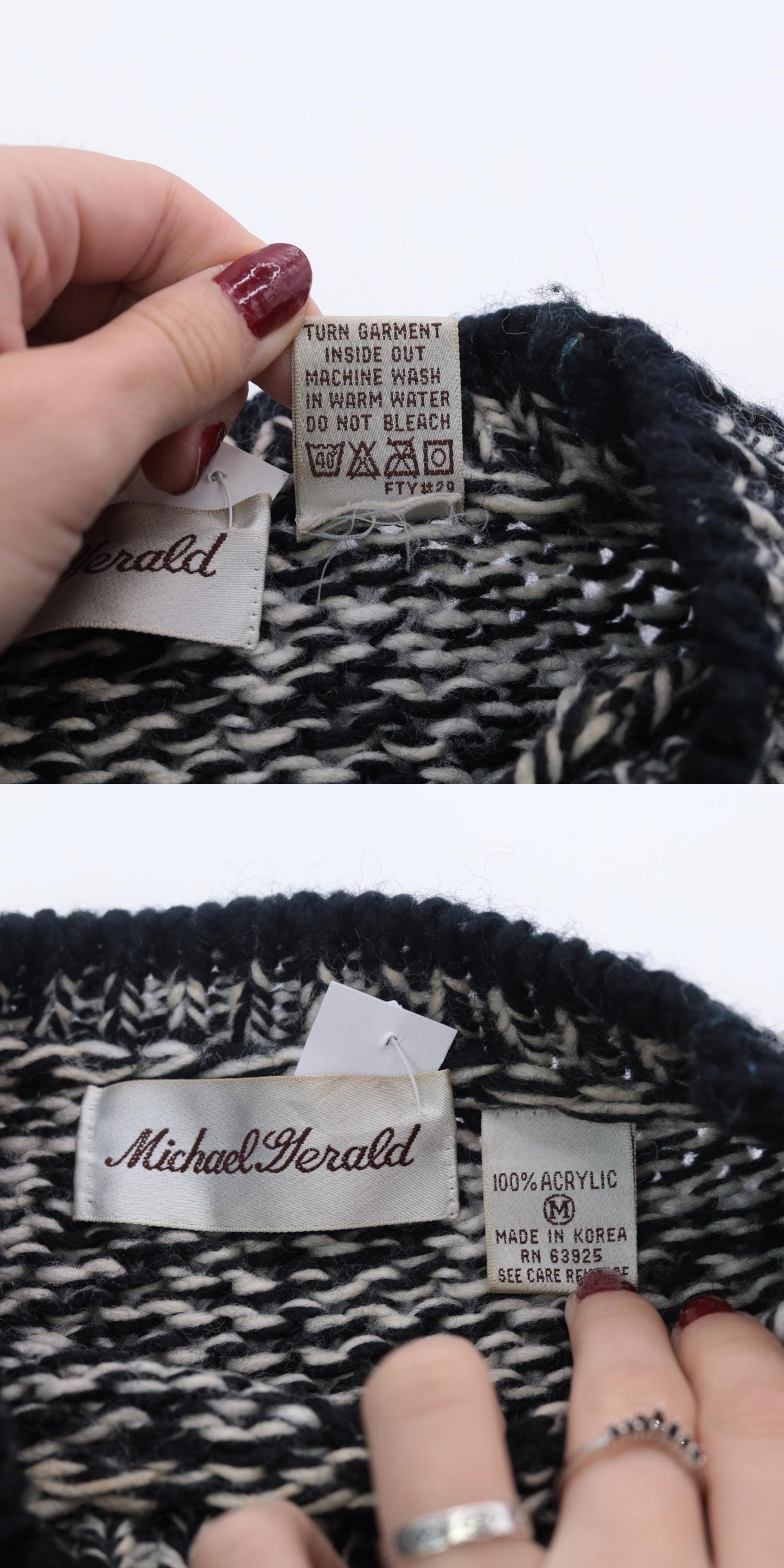 80s Michael Gerald Marled Knit Sweater Geometric Black White Crewneck Medium M