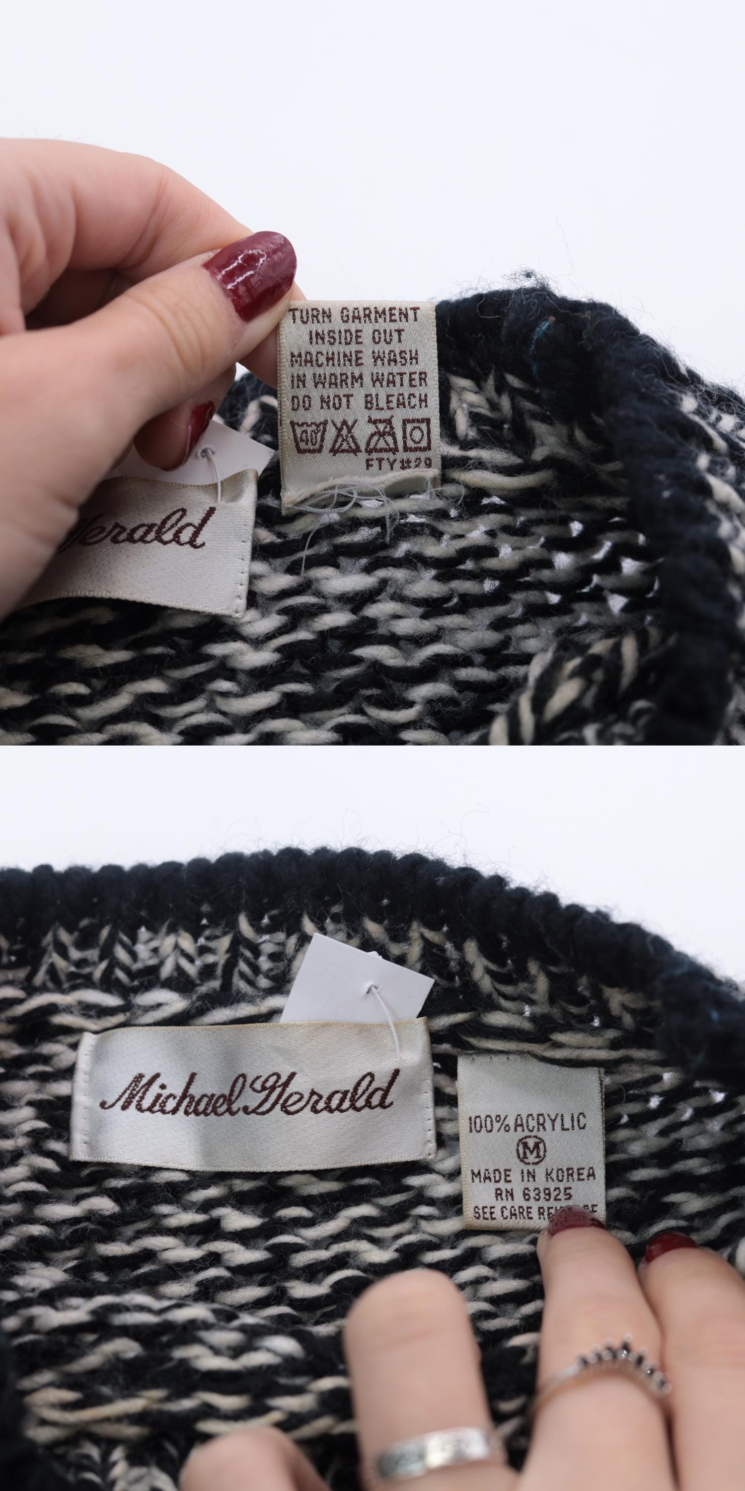 80s Michael Gerald Marled Knit Sweater Geometric Black White Crewneck Medium M