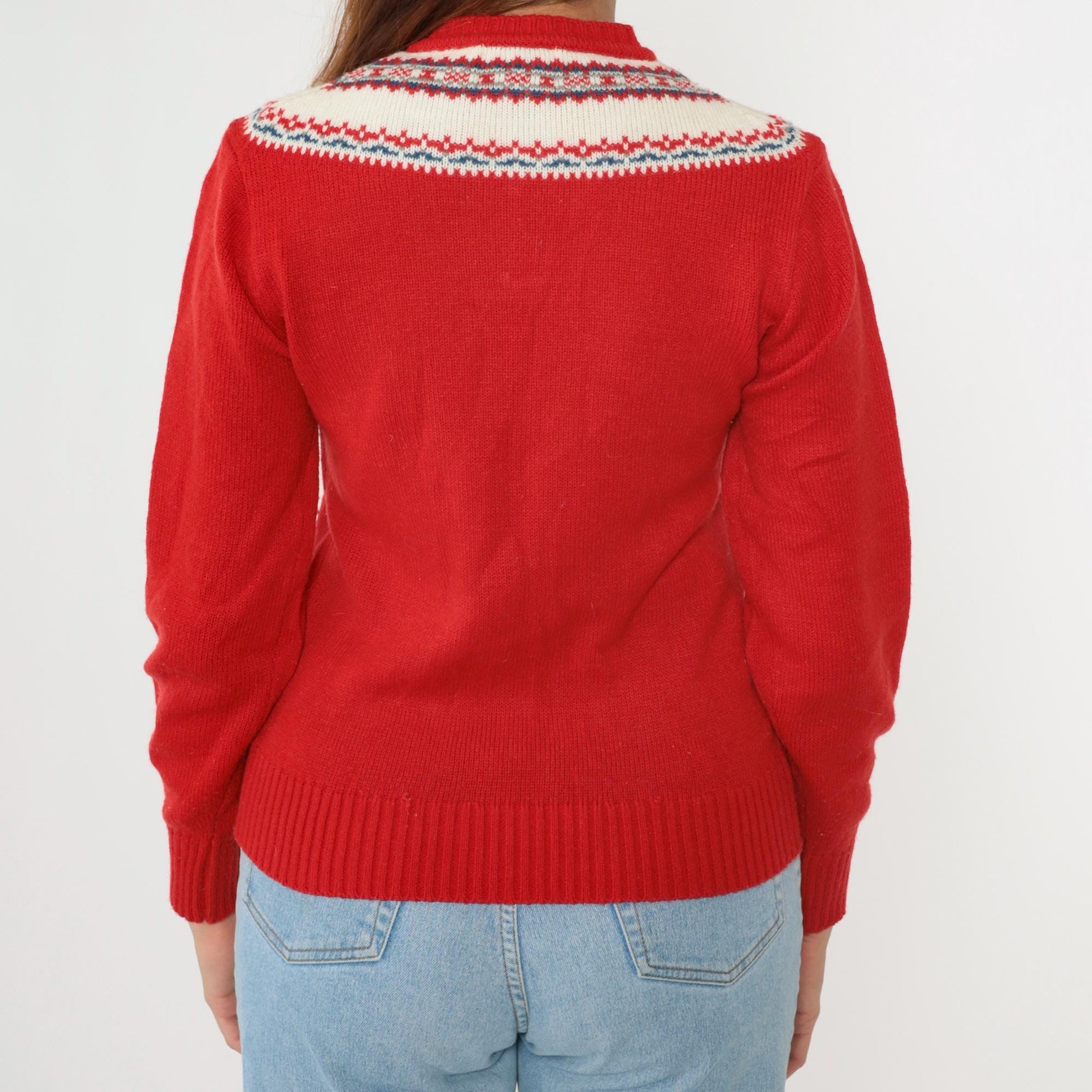 70s Icelandic Geometric Yoke Sweater Red Henley Knit Pullover Extra Small