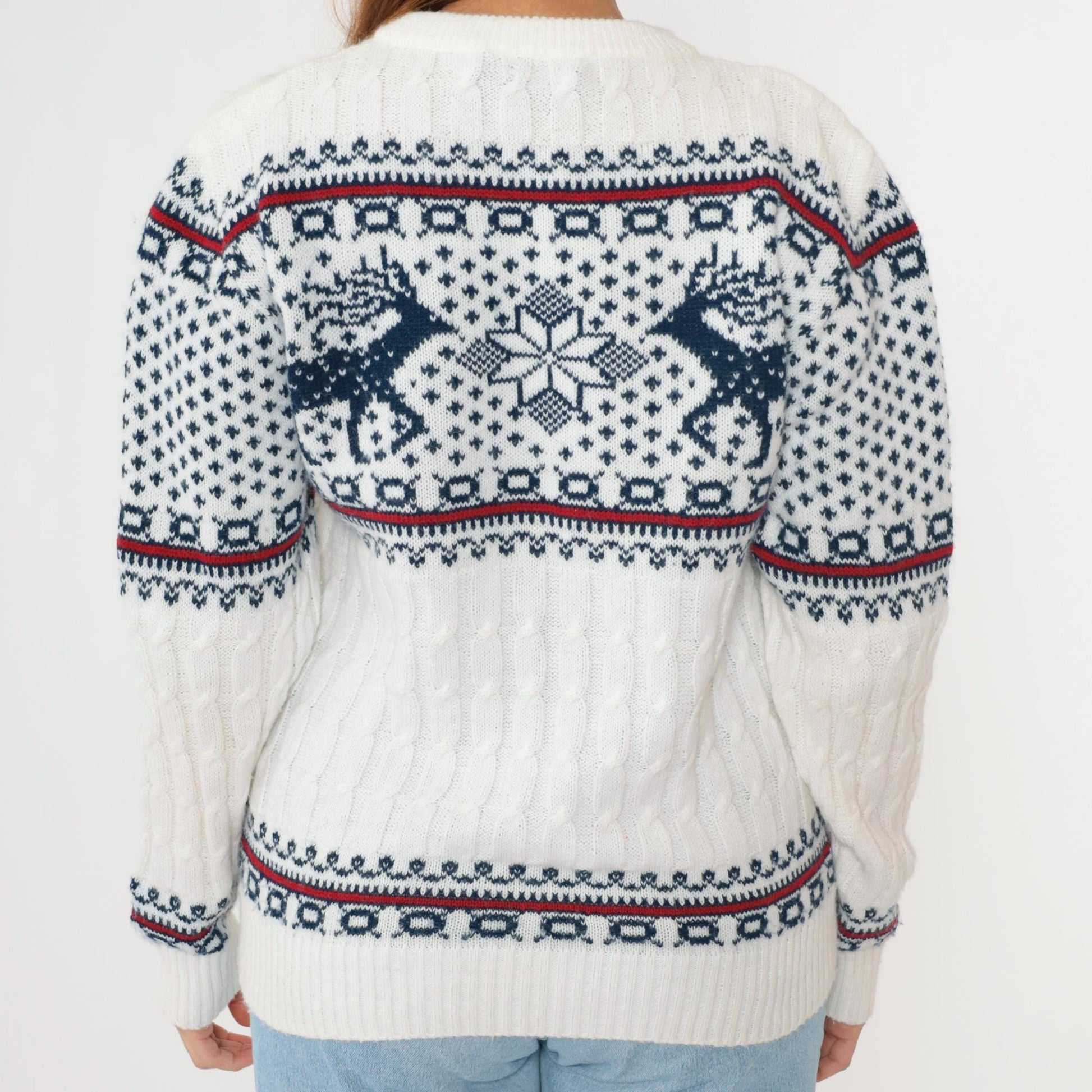 80s Reindeer Fair Isle Sweater White Nordic Snowflake Crewneck Medium
