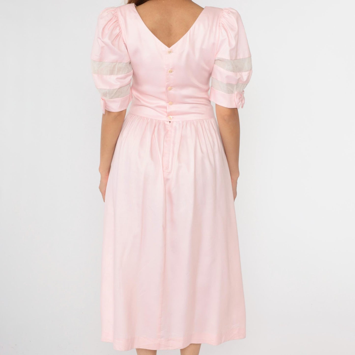 80s Lanz Originals Baby Pink Puff Sleeve Midi Dress Basque Waist Medium 8